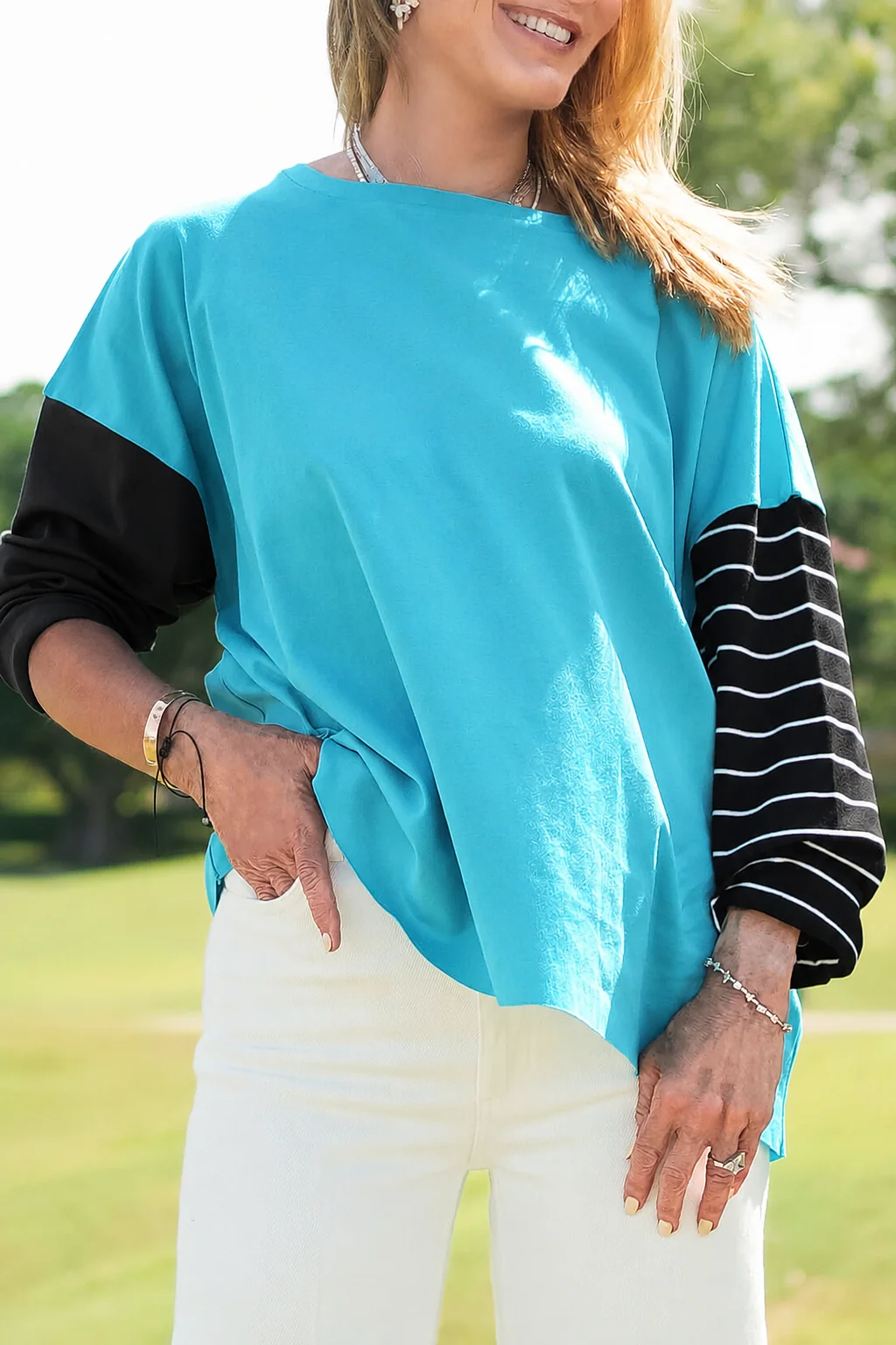 Flexible Pima Cotton Mixed Media Boxy T-Shirt - Capri Luxury