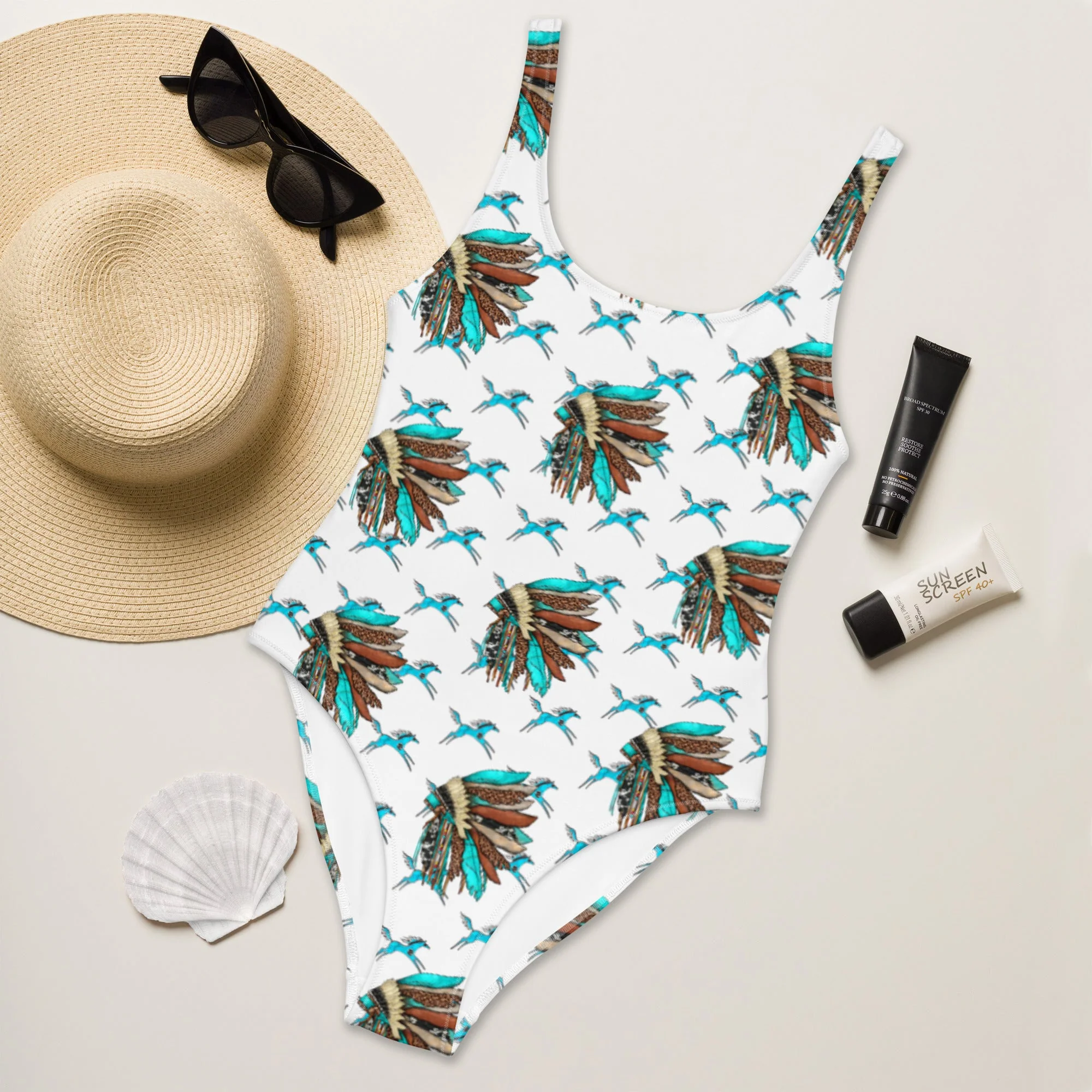 Clean Baha Ranch Yeehaw Turquoise Running Horse Headdress One-Piece Swimsuit Fine