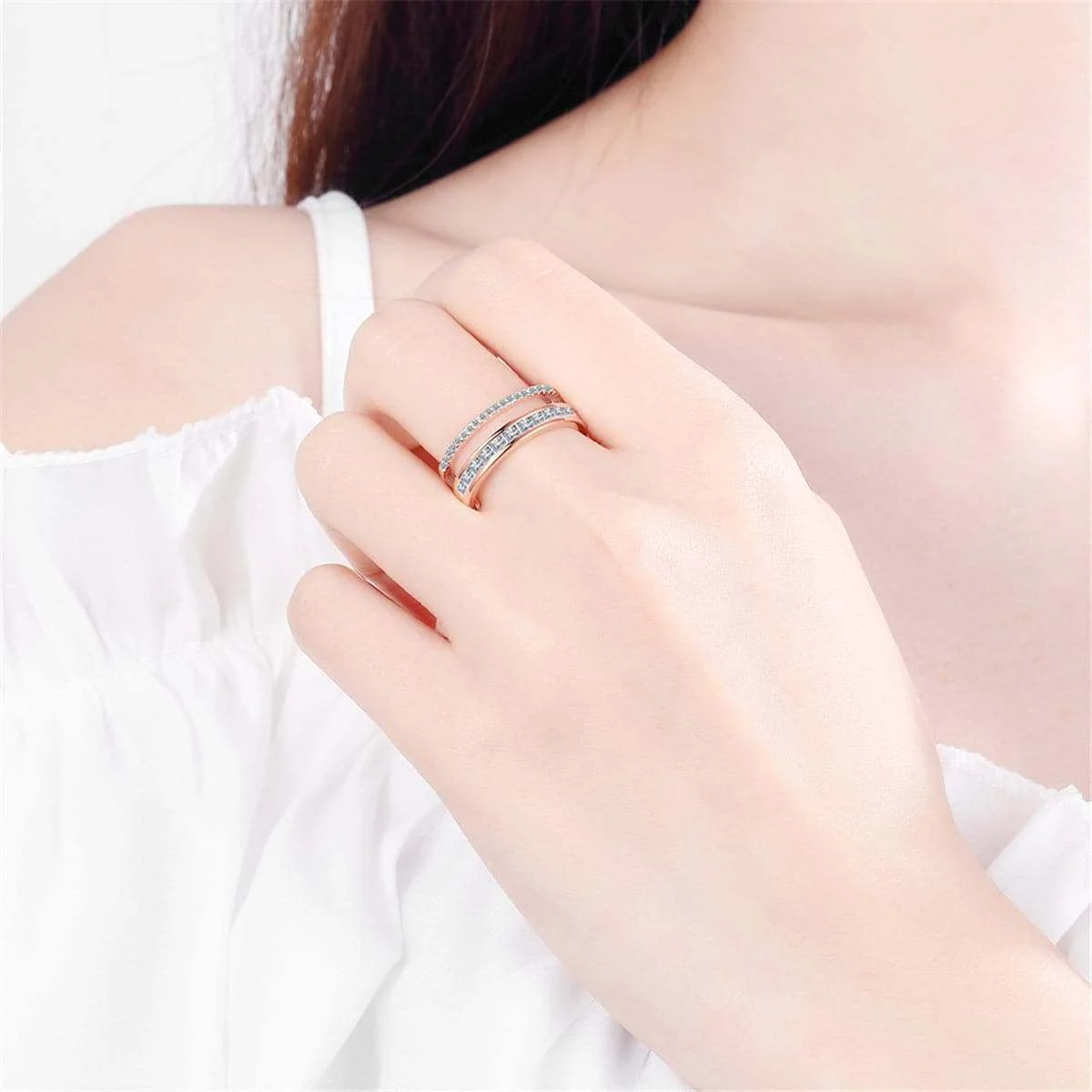 Original Cubic Zirconia Crystal Rose Goldtone Open Adjustable Ring Enhanced
