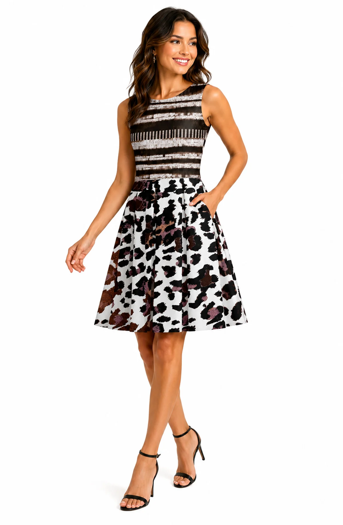 Classic Lily by Firmiana Women s Sleeveless Short Dress with Pleated Skirt Women s Apparel Brown Black Animal Print Environmentally Friendly