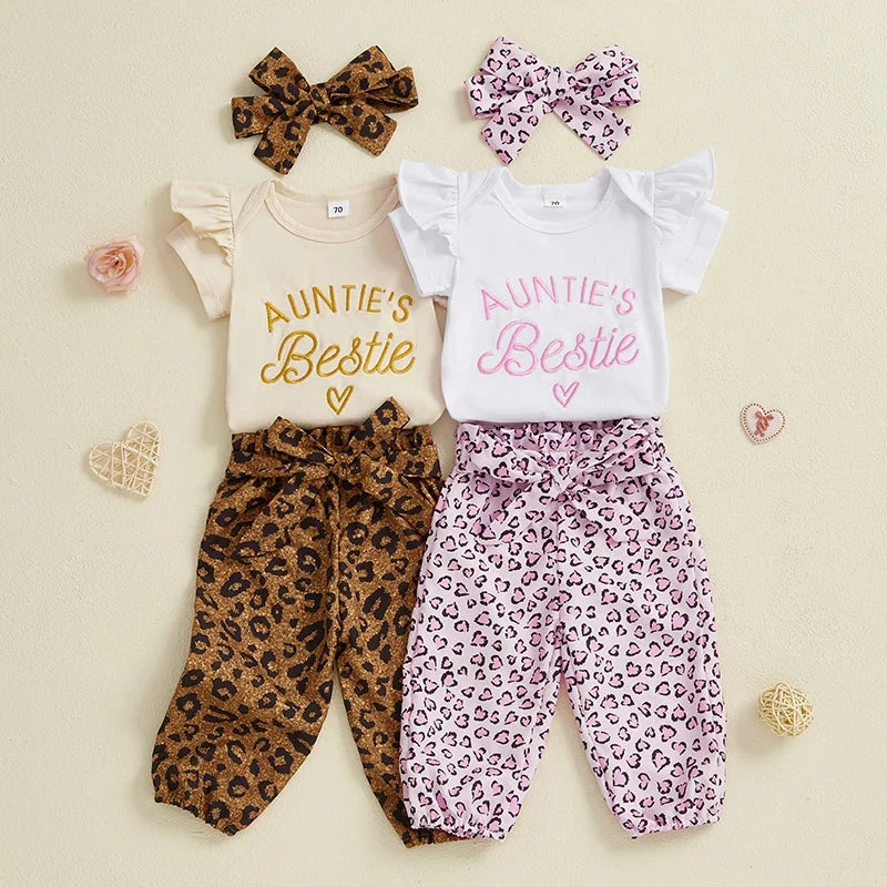 Official Baby Girls 3Pcs Auntie's ie Outfit Short Sleeve Letter Print Romper with Leopard Pattern Print Belted Pants and Headband SetSPECIFICATIONS Lightweight