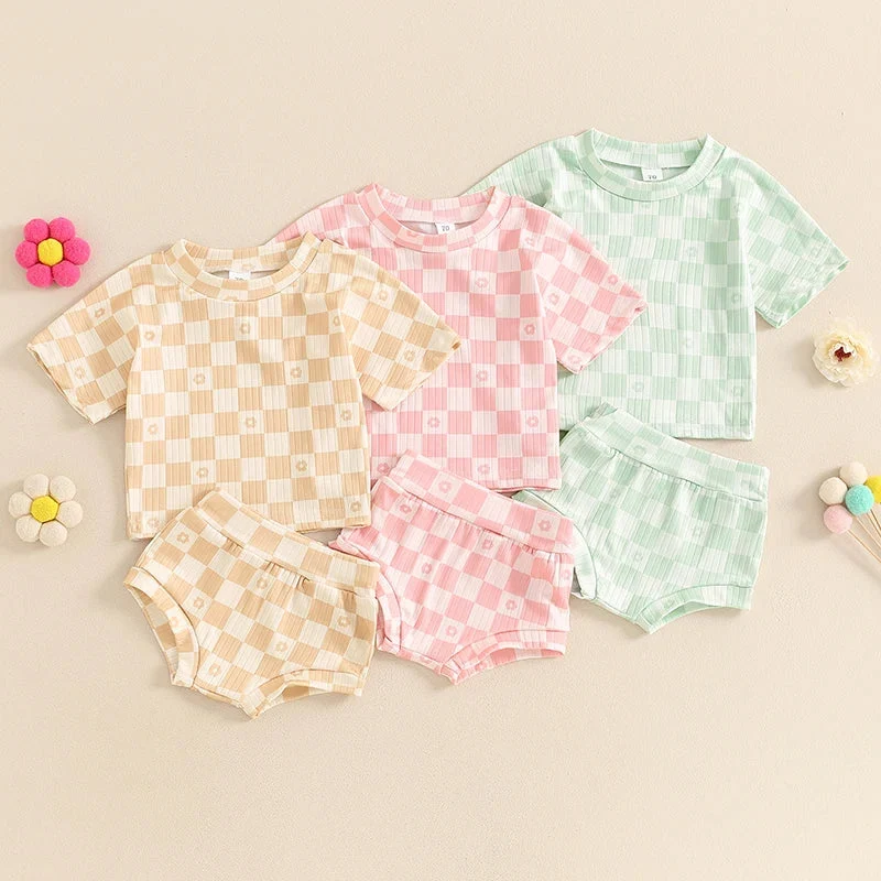 Consistent Baby Toddler Girls 2Pcs Summer Set Short Sleeve Checkerboard Flower Print Top Shorts Bloomers OutfitSPECIFICATIONS Verified