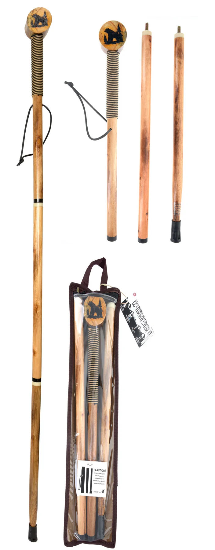 Traditional 55 3Pc Detachable Pine Wood Hiking Stick Bear Design Carefully Designed