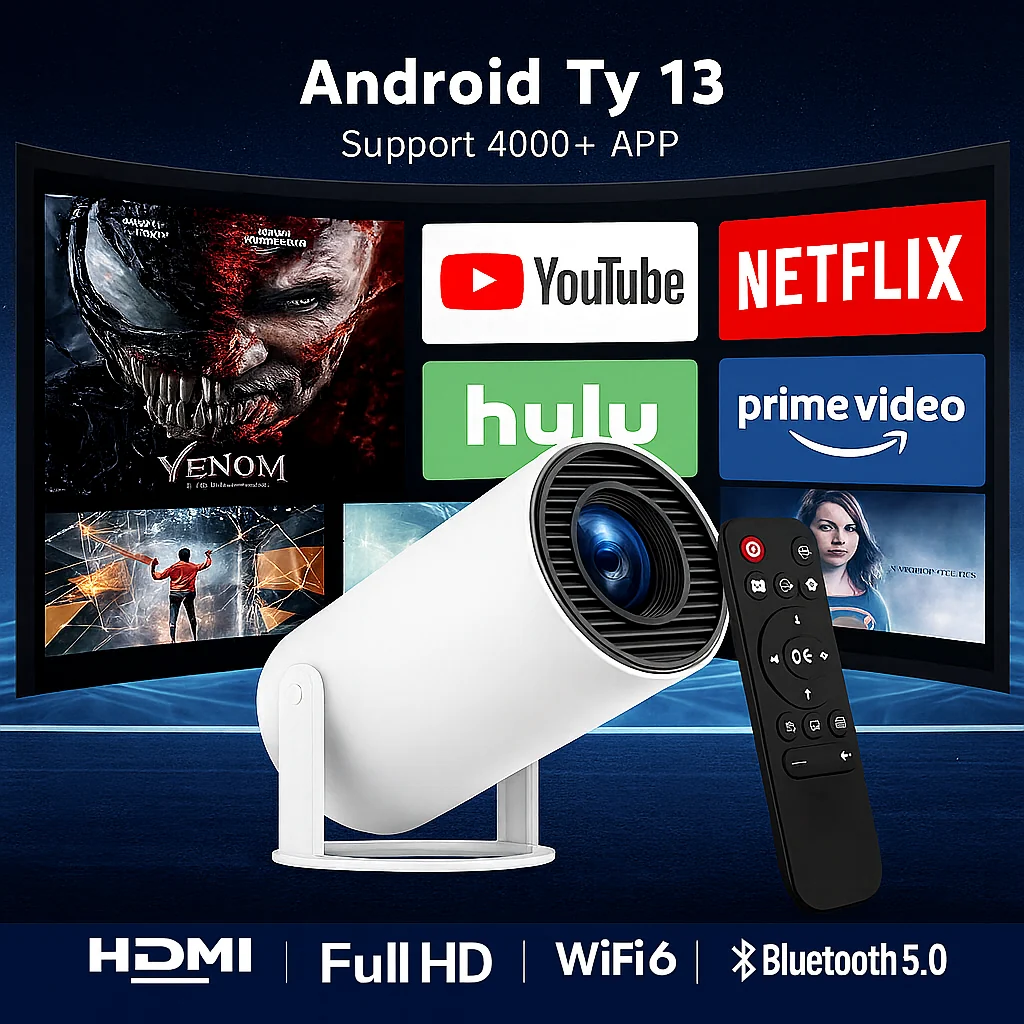Effective Pro Mini Portable Smart Projector with Android 13 Full HD WiFi 6 Bluetooth 5.0 Built-in Apps for Netflix YouTube – Works with Phone Laptop TV HDMI PS5 Optimized