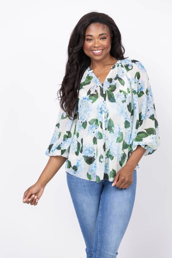 Casual L'AGENCE Teagan Dolman Sleeve Blouse in Ivory Light Blue Hydrangea Environmentally Friendly