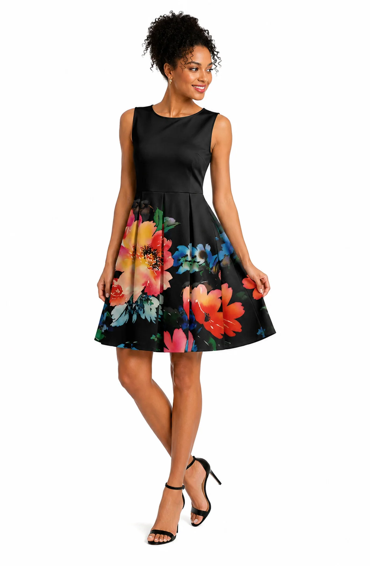 Sophisticated Lily by Firmiana Women s Sleeveless Short Dress with Pleated Skirt Women s Apparel Black Multicolor Floral Border Print Practical