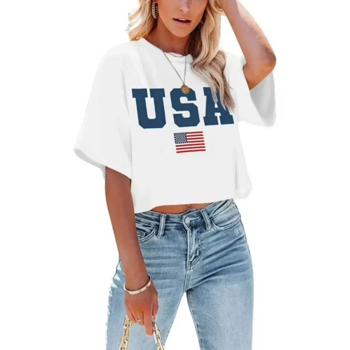 Trendy 4th of July USA Printed Cropped Shirt Top-Quality