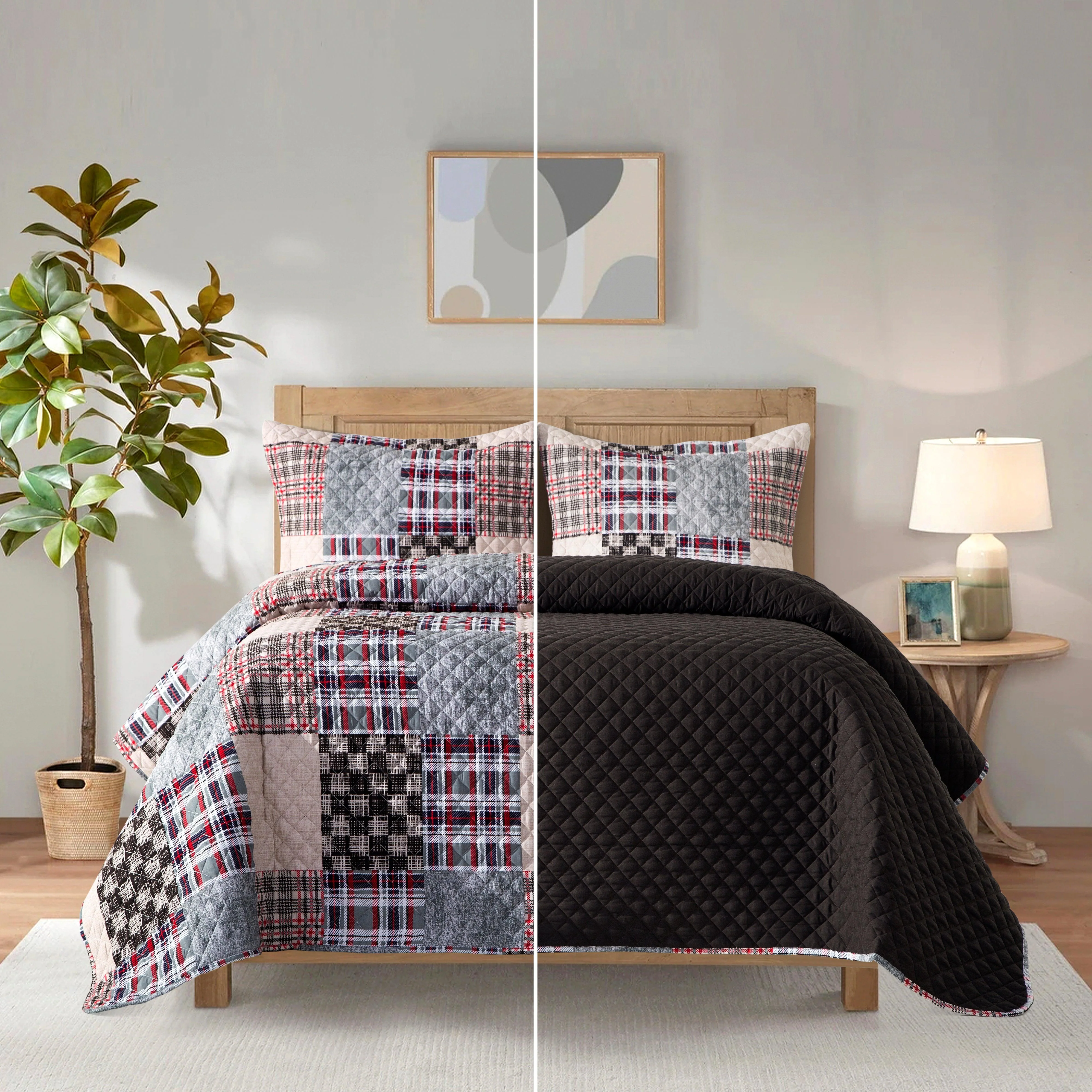 Detailed Elegant Comfort 3-Piece Patch Plaid Quilted Reversible Bedspread Coverlet Set Top-Quality