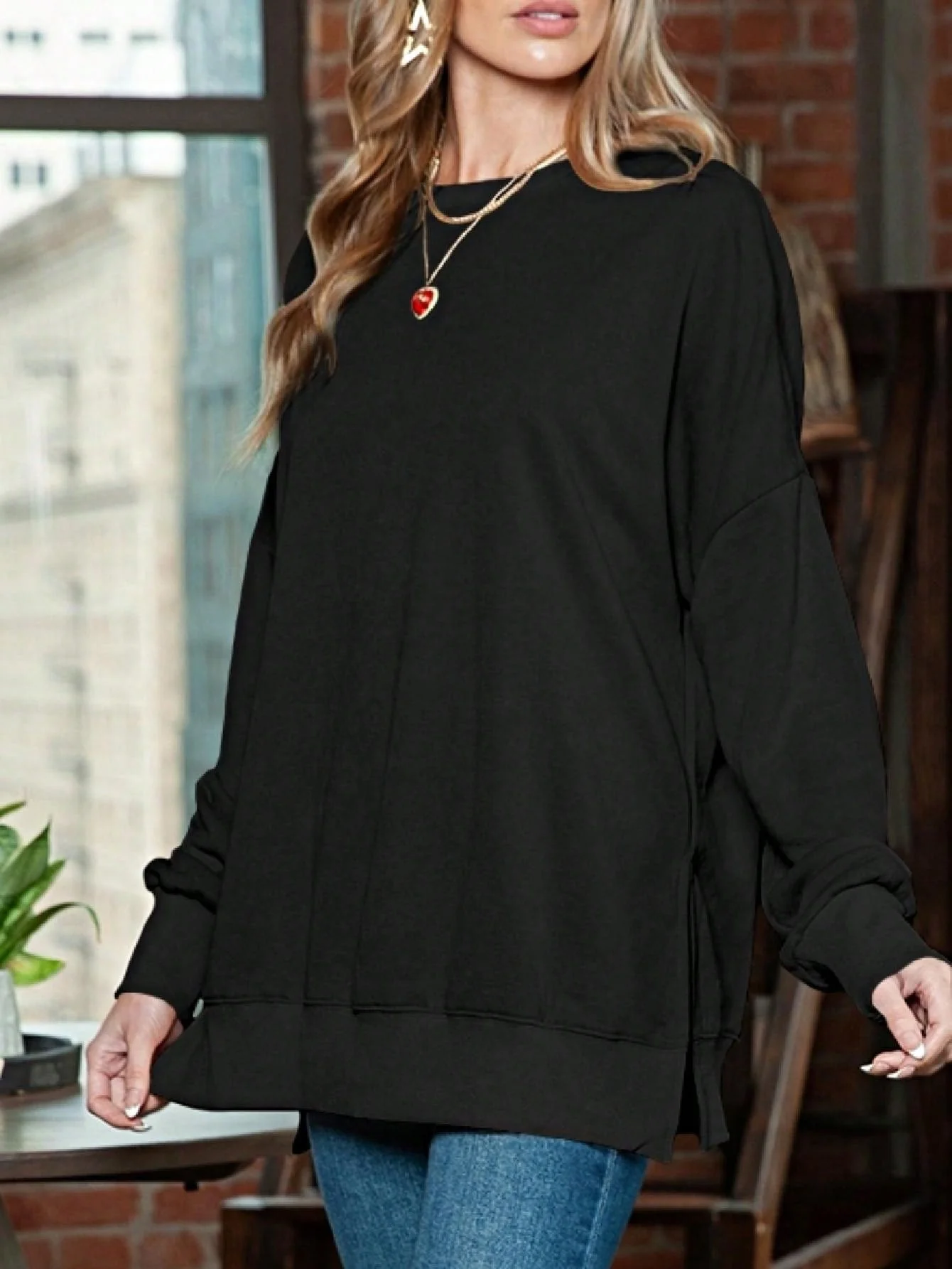Flexible Boho Retro 60's Cotton Mix Drop Shoulder Mineral Acid Washed Oversized Side Slit Dolman Shirt Top Sweatshirt Pullover High-End