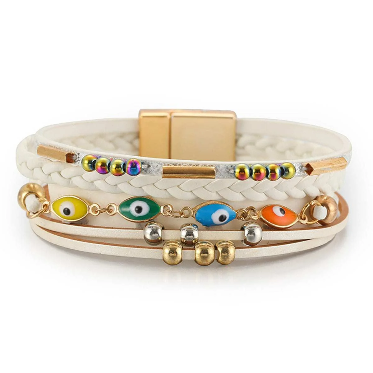 Superior Cream Polystyrene Enamel Goldtone Evil Eye Multistrand Bracelet First-Class