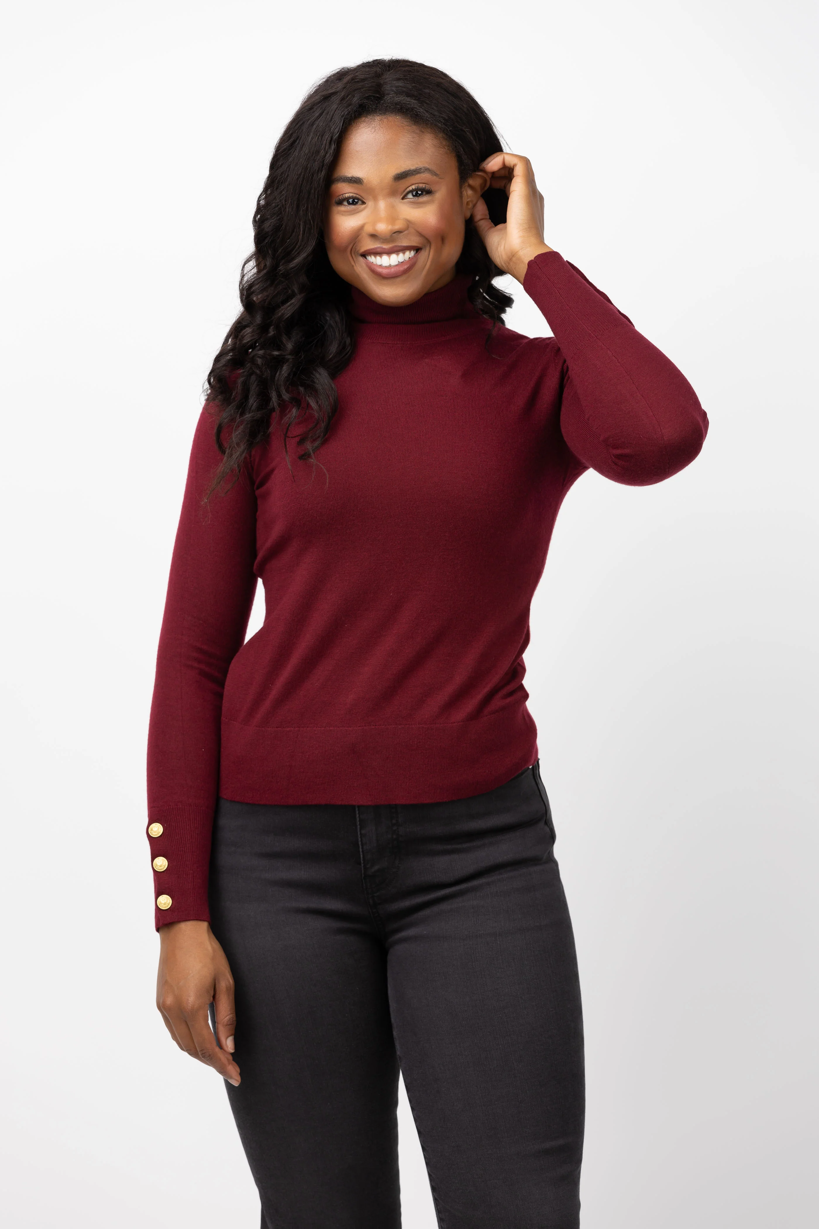 Stylish Lagence Flora Turtleneck Sweater in Syrah Gold Convenient