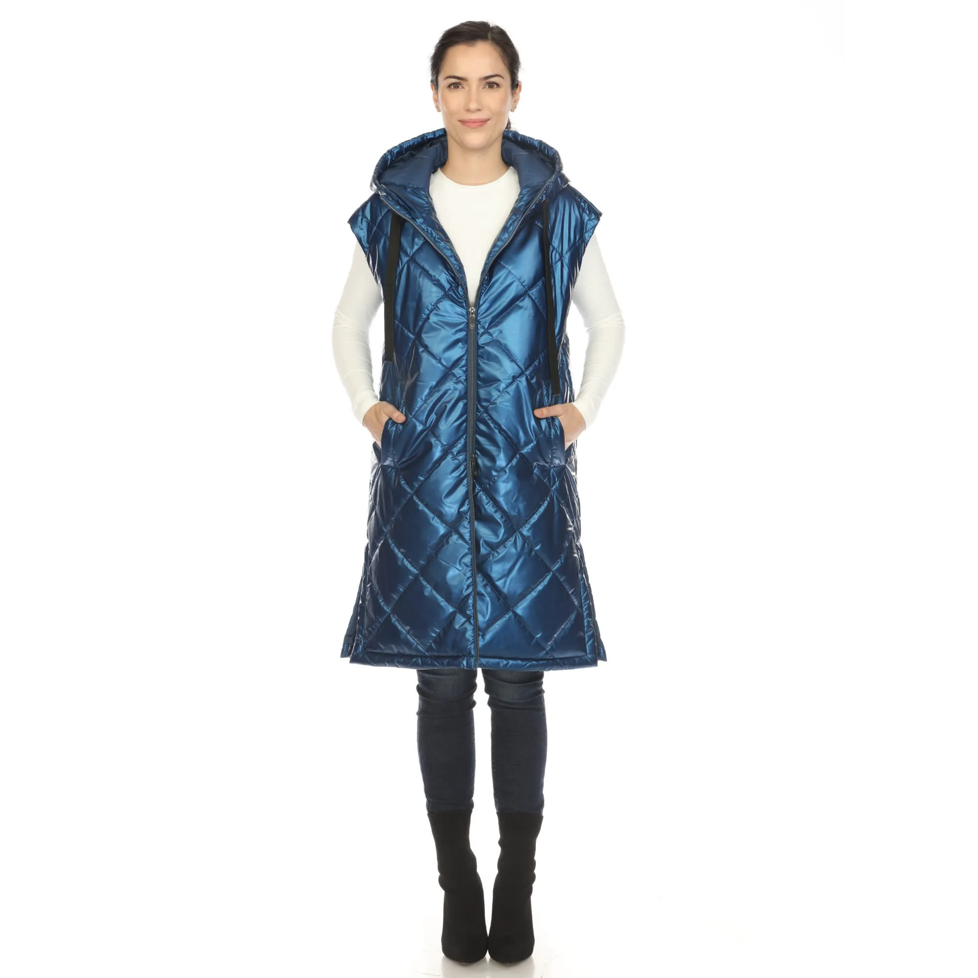 Long-Lasting White Mark Women's Metallic Long Puffer Vest High-End