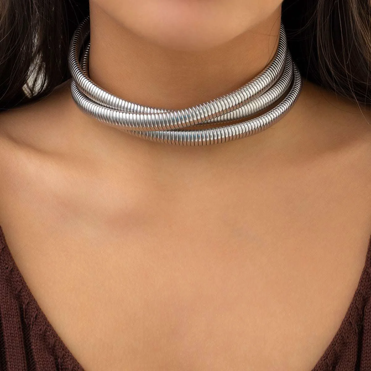 Authentic Silvertone Herringbone Layered Choker Necklace Traditional