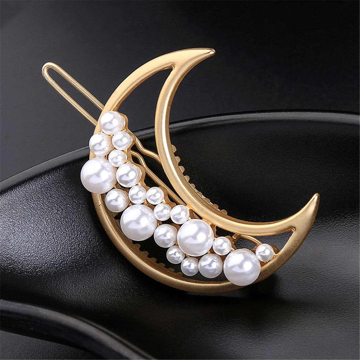 Green Pearl Goldtone Moon Hair Clip Flexible