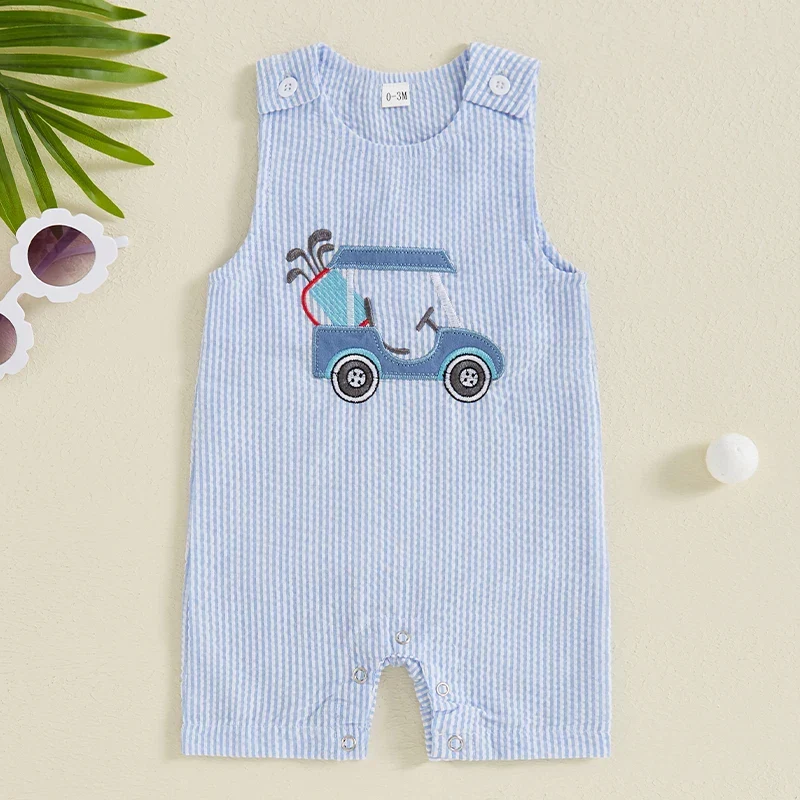 Dependable Baby Boys Jumpsuit Sleeveless Crew Neck Striped Embroidery Golf Cart Summer RomperSPECIFICATIONS Solid