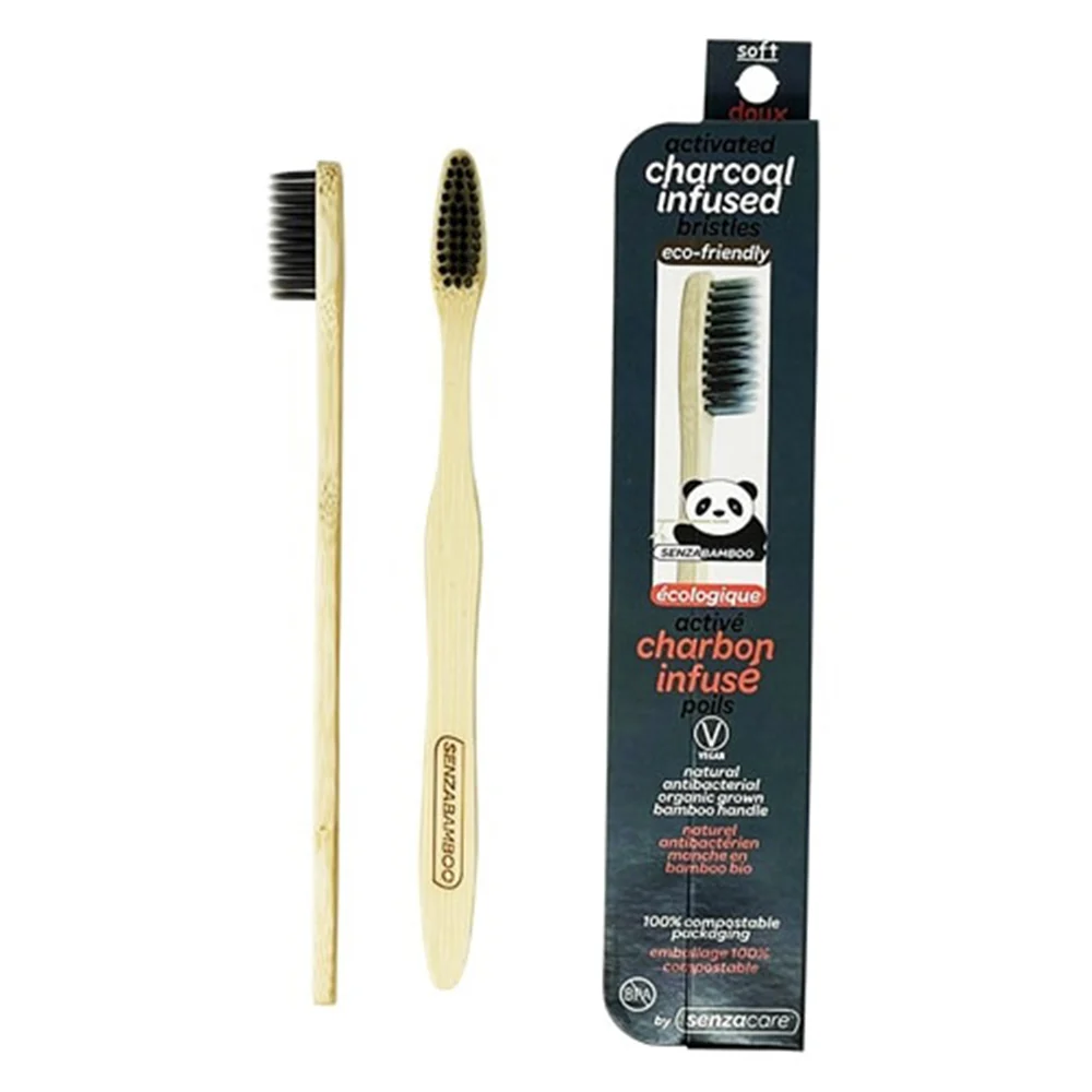 Soft Senzacare Activated Charcoal Infused Bristles Natural Antibacterial Organic Grown Bamboo Handle Toothbrush 1Ea Convenient