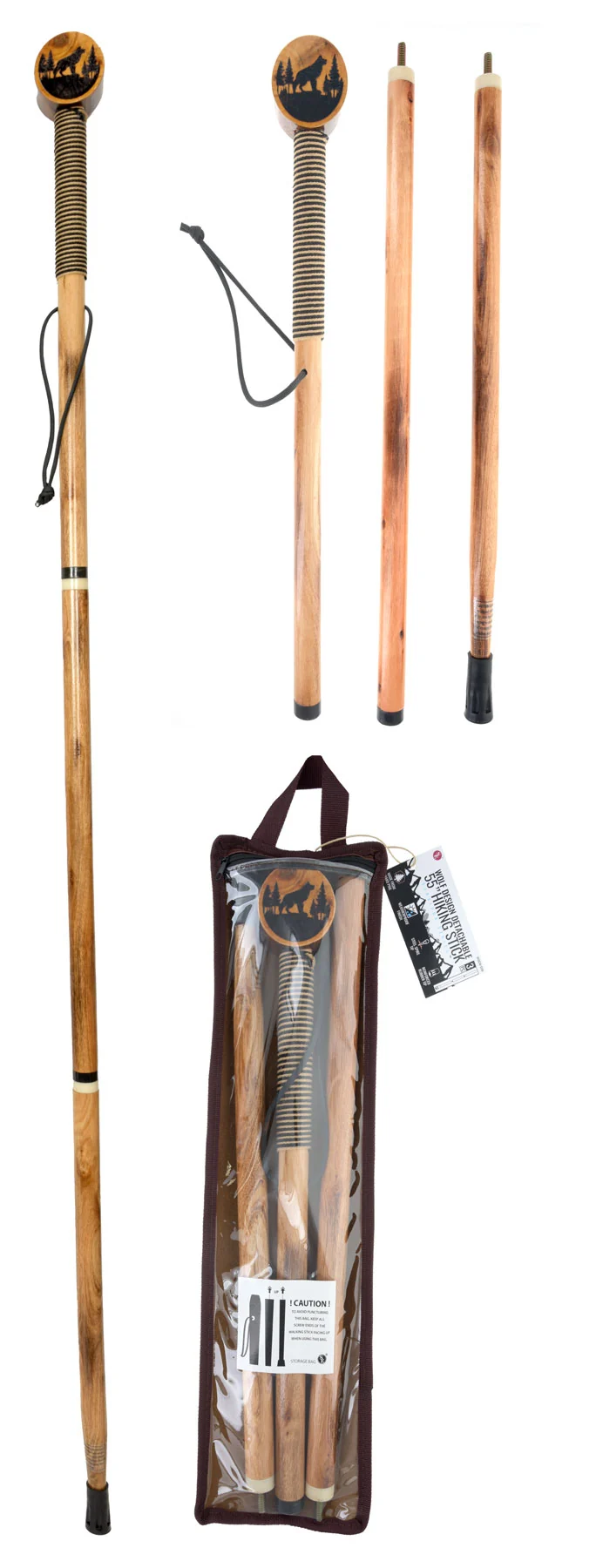Green 55 3Pc Detachable Pine Wood Hiking Stick Wolf Design Lightweight