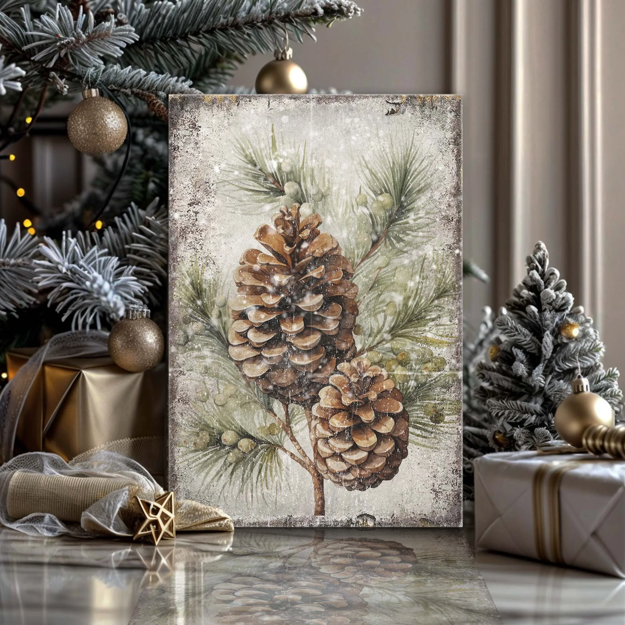 Secure Vintage Winter Pine Cone Christmas Wall Art II Excellent