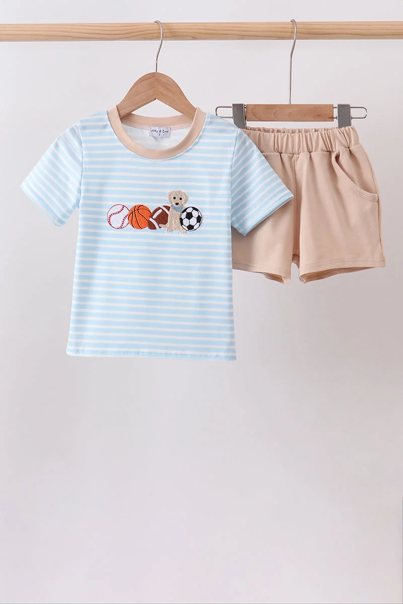 Certified Blue Puppy Ball Embroidered Stripe Shorts Set Versatile