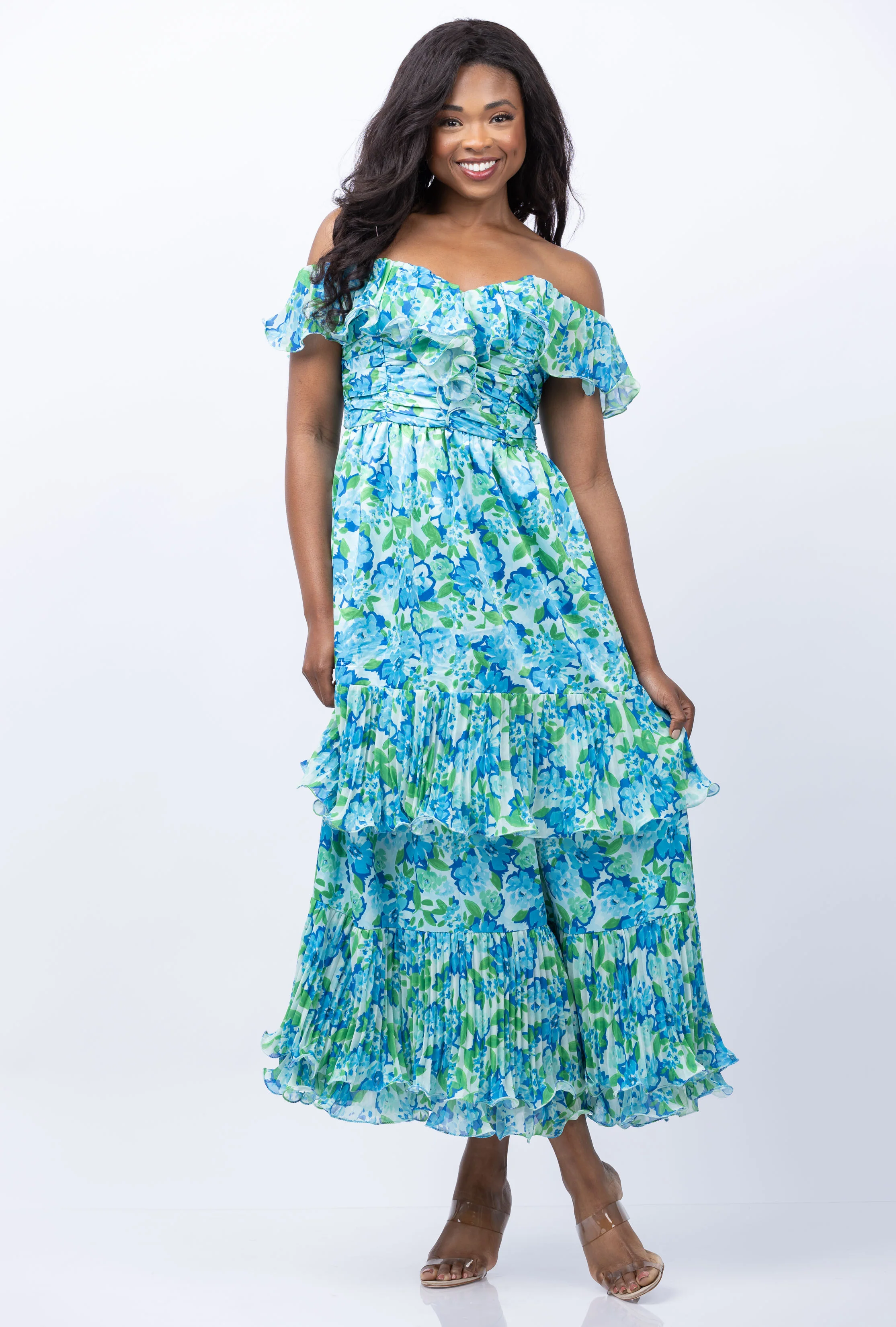 Consistent Amur Pia Pleated Midi Dress in Garden Blues Professional