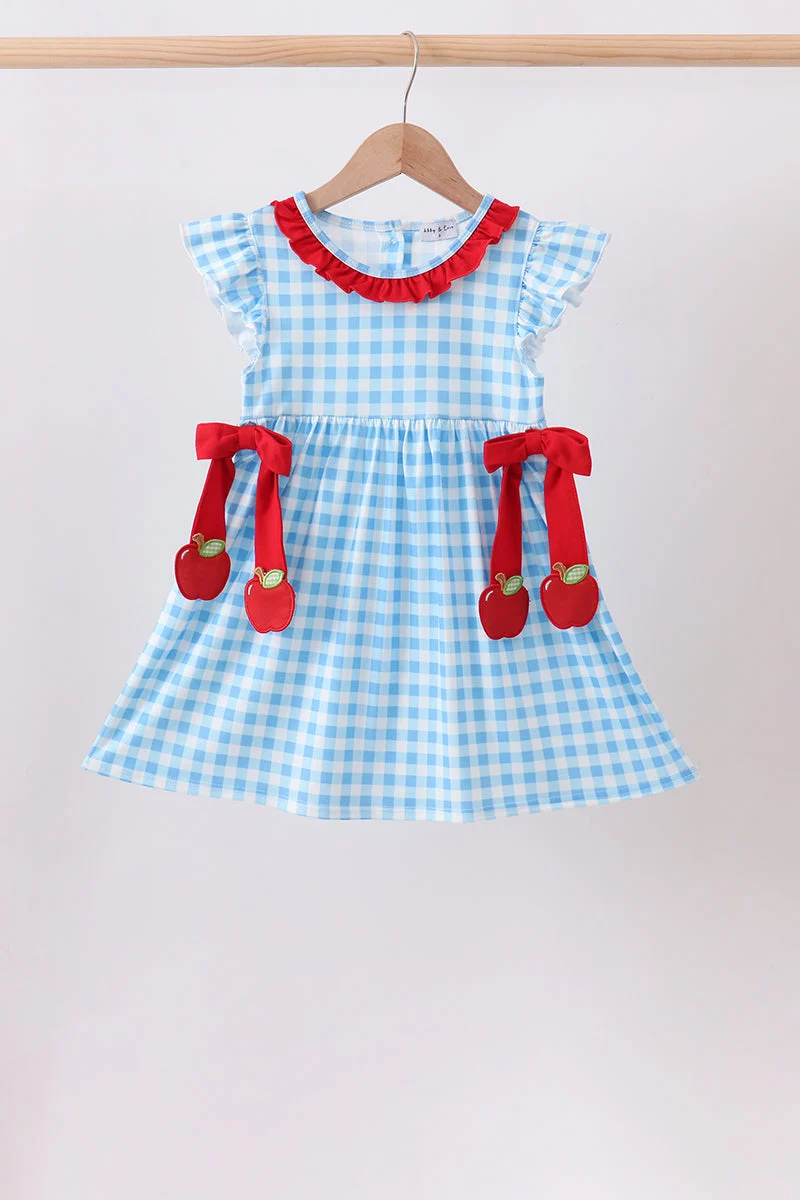Trusted Blue Apple Appliqué Gingham Ruffle Dress Premium Material