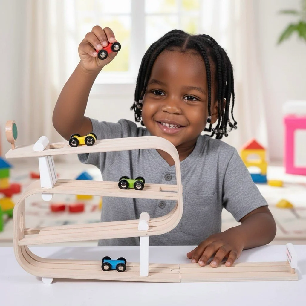 Breathable Wooden Car Ramp Racer Montessori Rolling Track Toy for Toddlers Natural
