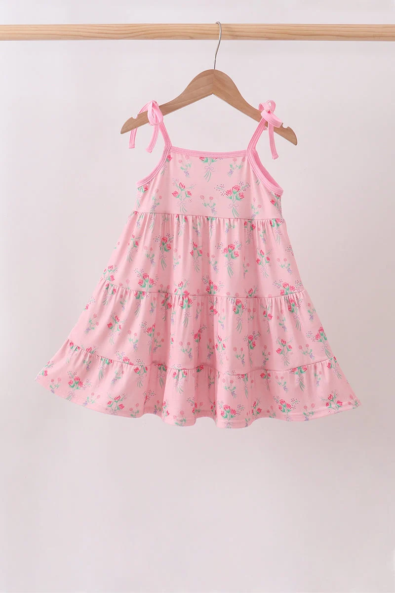 Unique Pink Floral Tiered Dress Superior