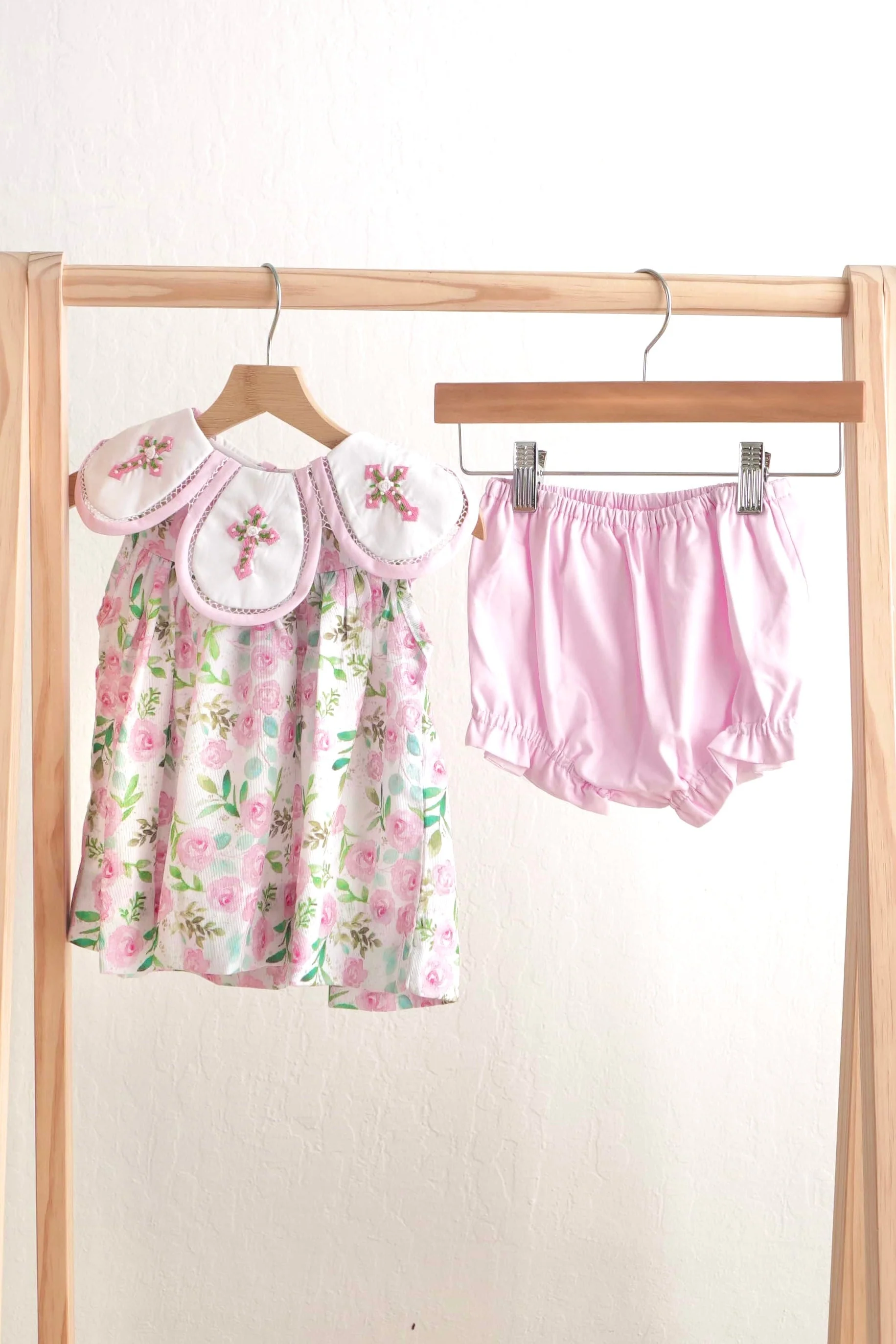 Authentic Pink easter cross emrboidery floral girl set Classic