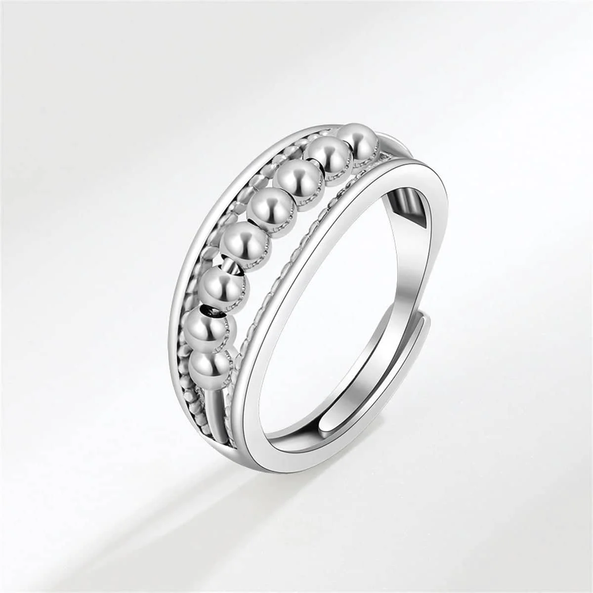 Classic Silvertone Beaded Adjustable Ring Green