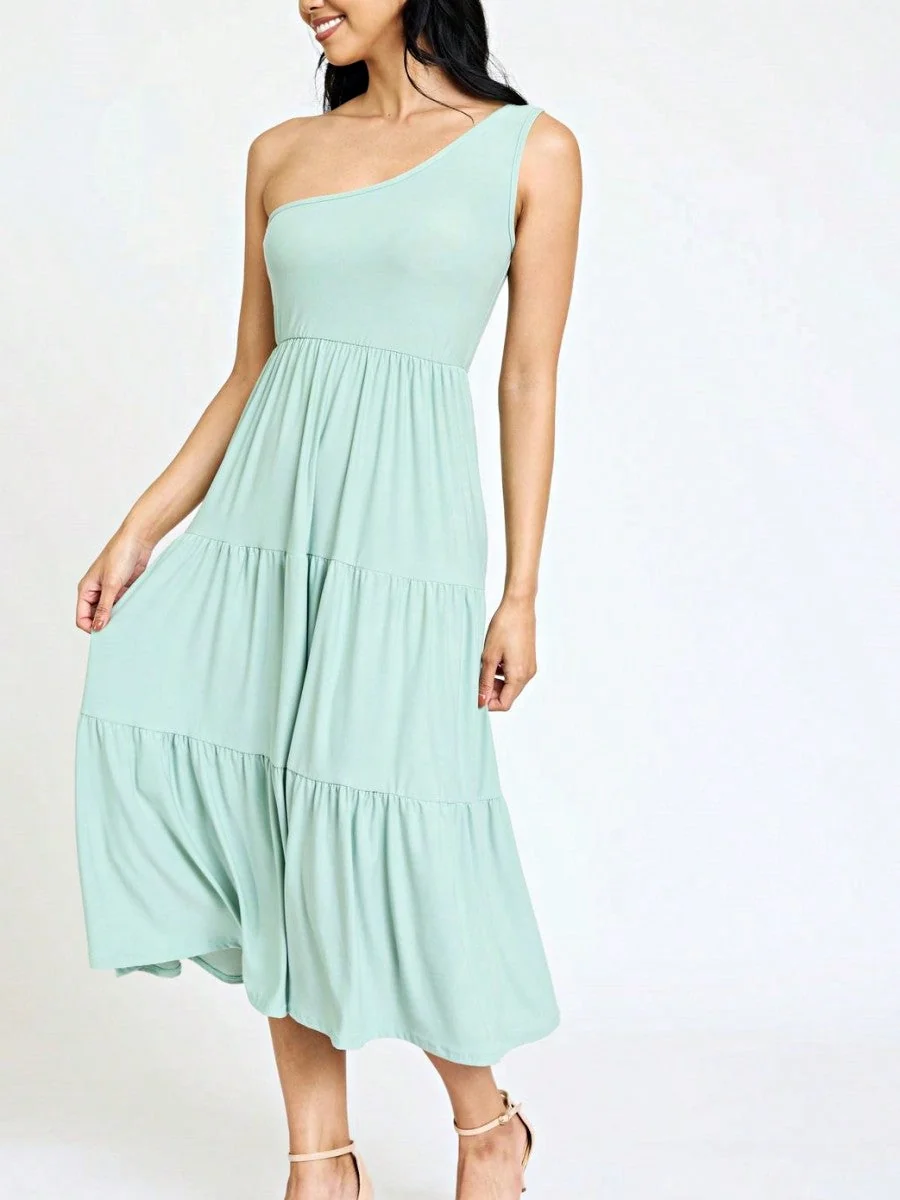 Top-Quality Boho Retro Vintage Tiered Dress Black Navy Sage Khaki Beige One Shoulder Tiered Long Dress Original Design