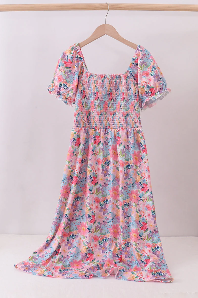 Top-Quality Purple floral smocked women dress Effective