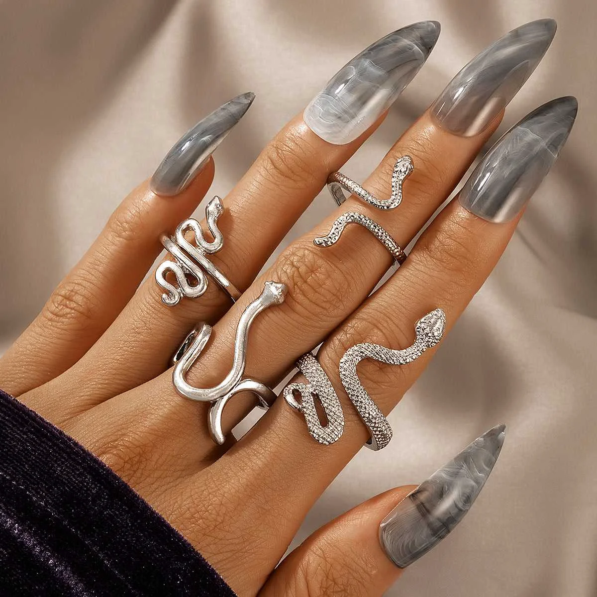Refined Silvertone Textured Snake Ring Set Authentic