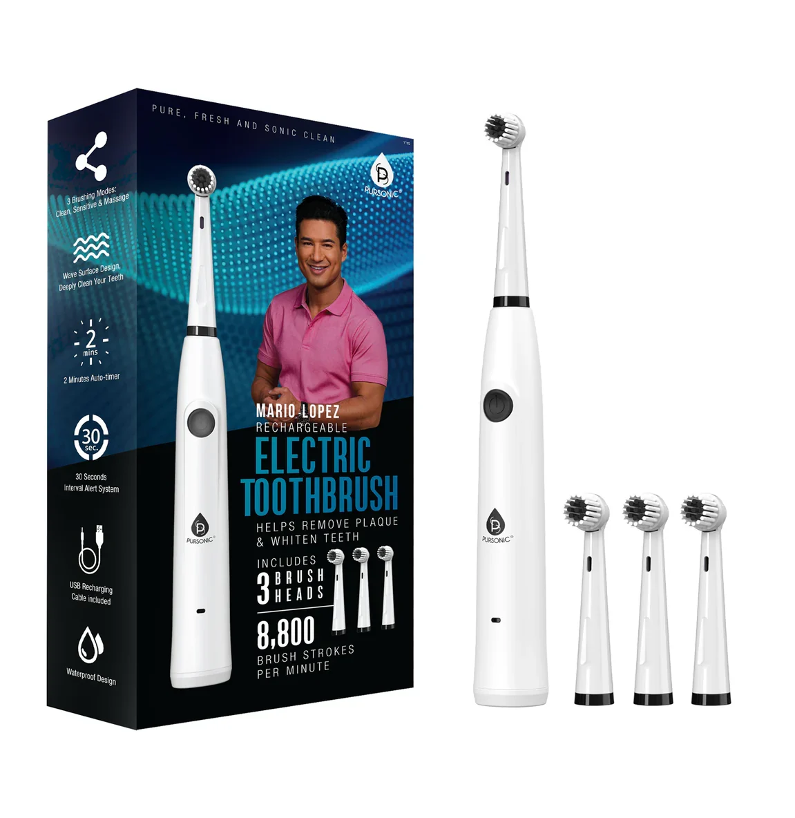 Comfortable Pursonic Mario Lopez USB Rechargeable Electric Toothbrush With 3 Brush Heads Lightweight
