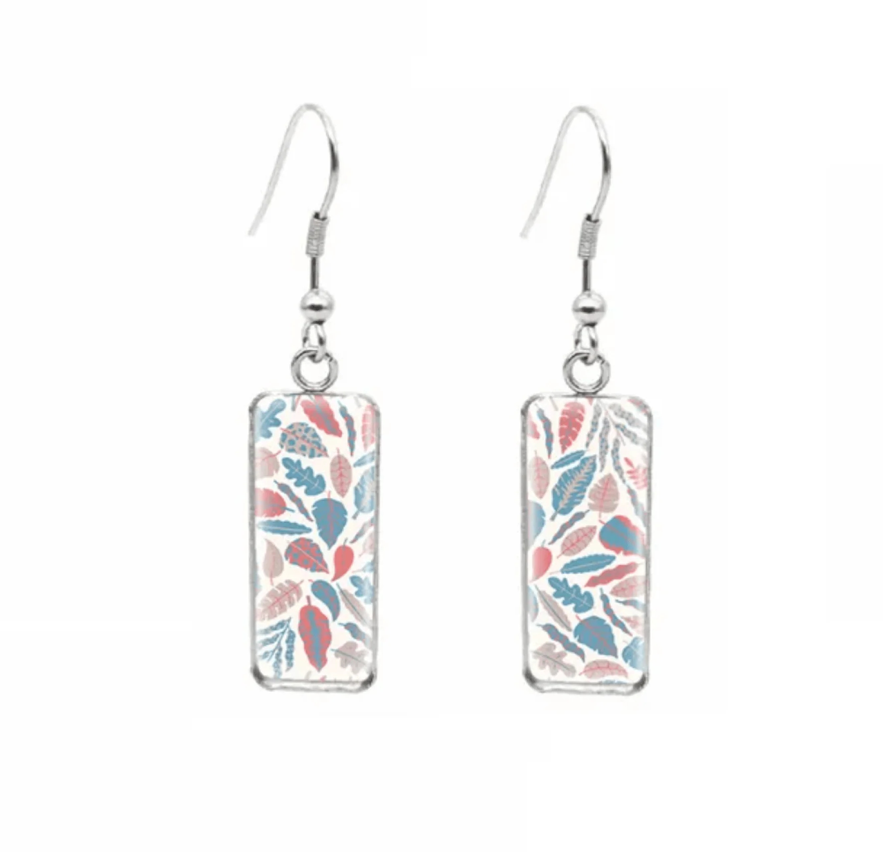 World-Class Don't AsK Rectangular Art-Print Drop Earrings – Pink Blue Leaves – Lightweight Dangle Earrings for Women High-Performance