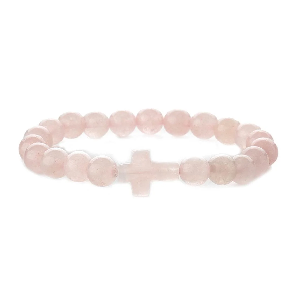 Advanced Pink Quartz Cross Charm Beaded Stretch Bracelet Sustainable