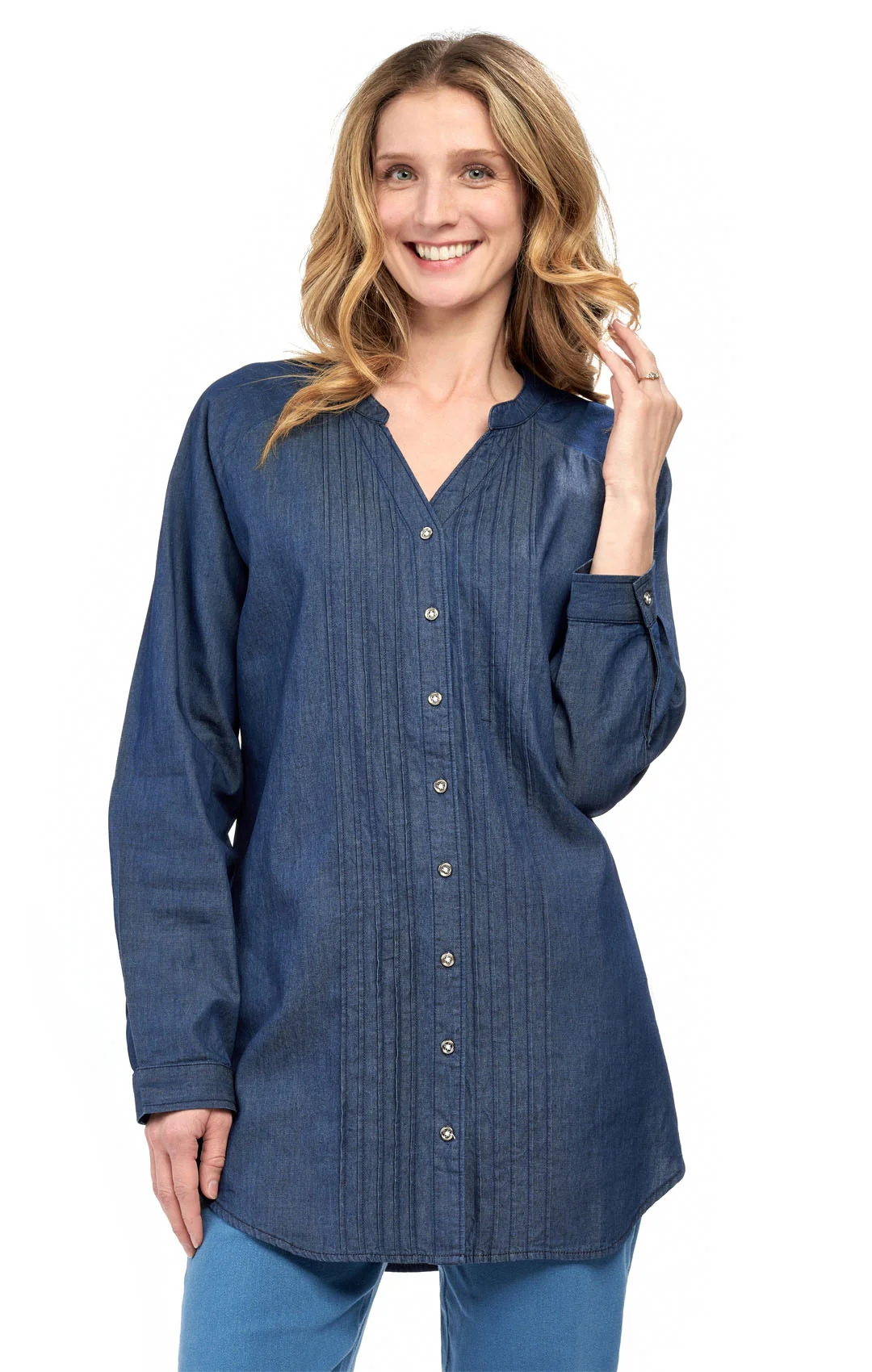 Traditional Women's Denim Pintuck Button-Front Tunic Top Breathable