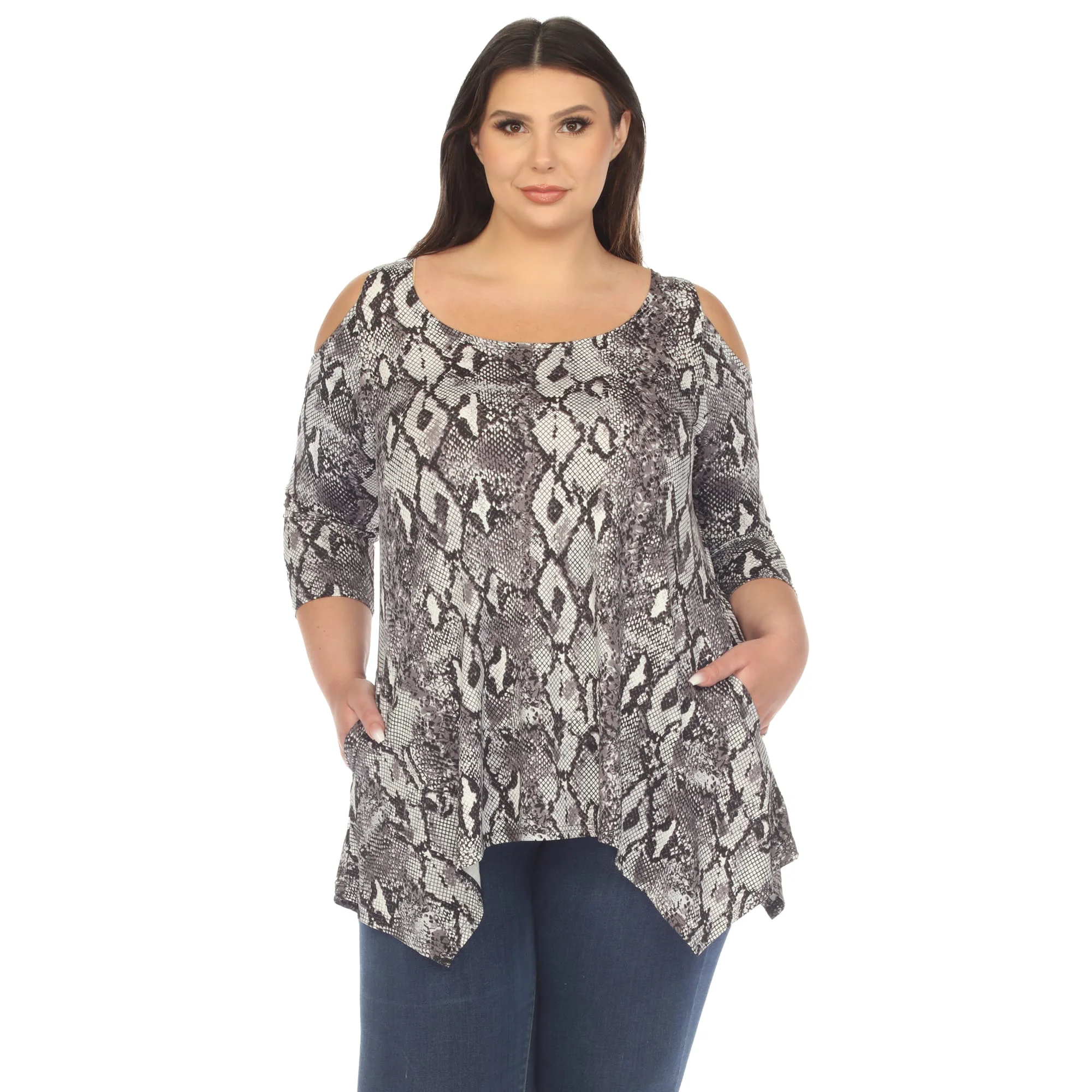 Powerful White Mark Women's Plus Size Snake Print Cold Shoulder Tunic Casual