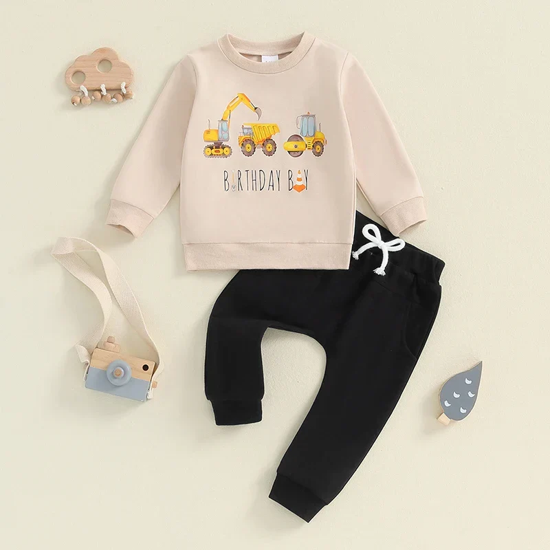 Breathable Baby Toddler Kids Boys 2Pcs Birthday Boy Outfit Excavator Tractor Print Long Sleeve Top Pants with Pockets SetSPECIFICATIONS Recyclable