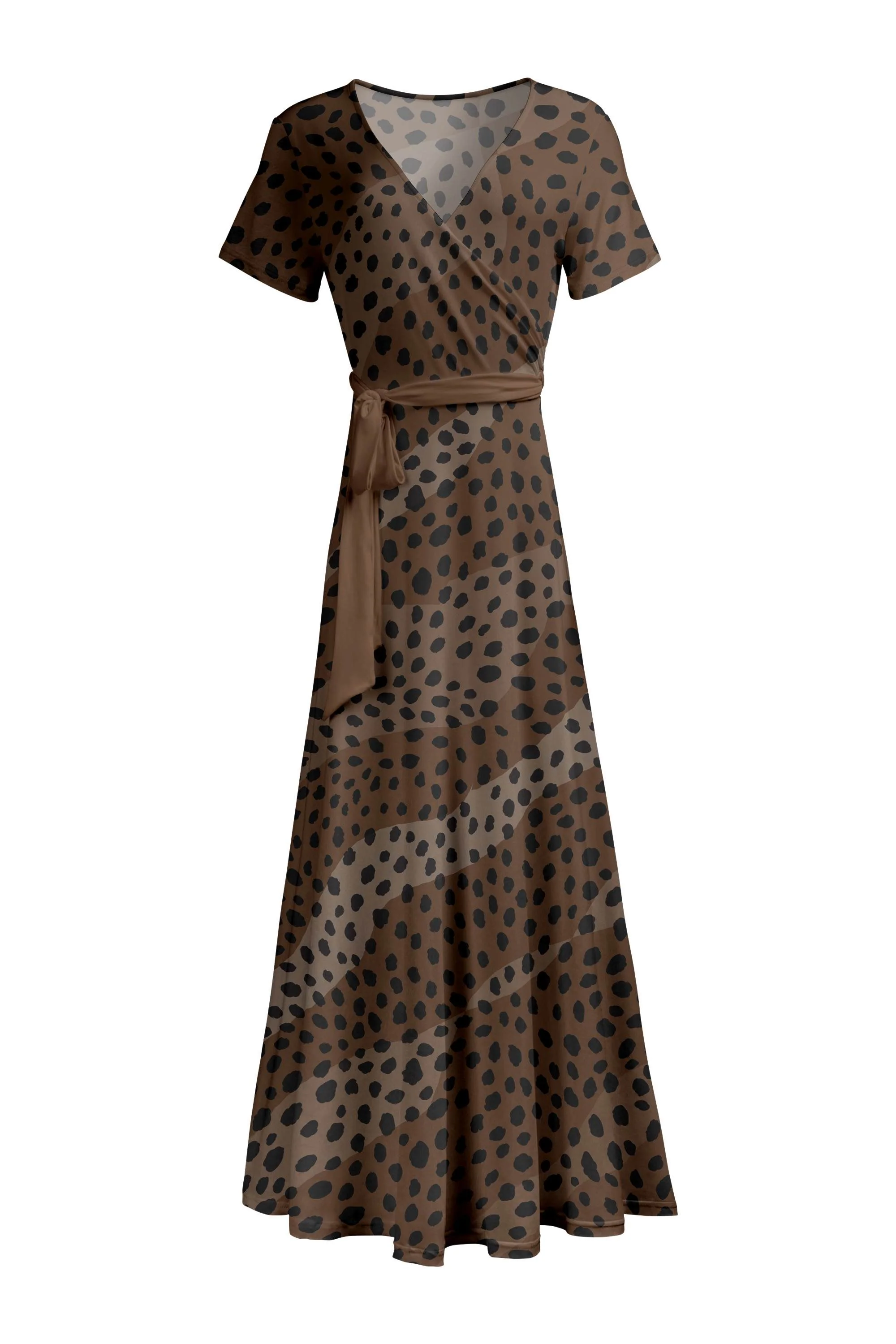 Traditional Lily by Firmiana Women's Short Sleeve Wrap-Style Maxi Dress with Tie Brown Tan Dotted Geo Print First-Class