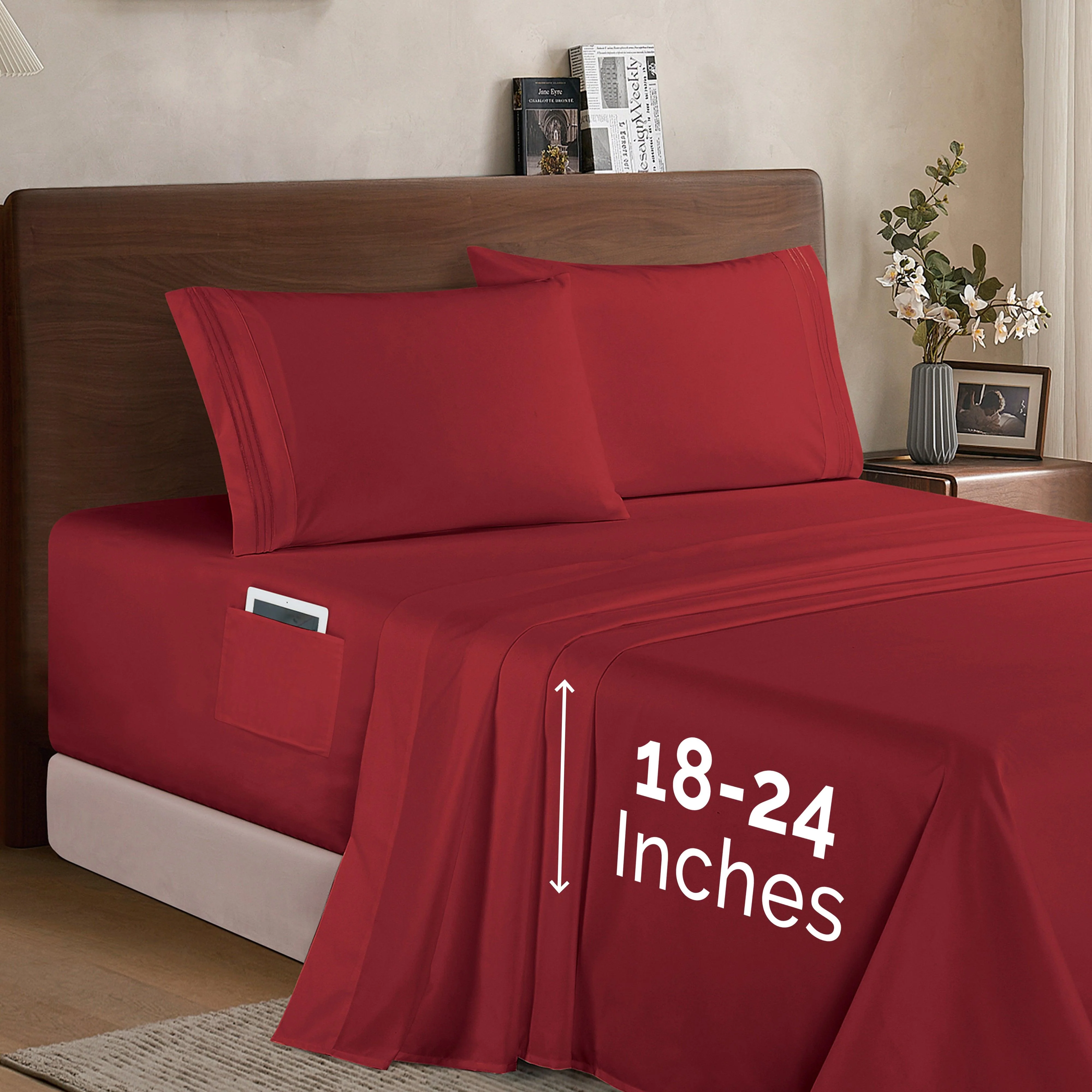 Refined Elegant Comfort Extra deep 18-24 Inch Pocket 3 Line Embroidery 4-Piece Sheet Set Moody Shades First-Class