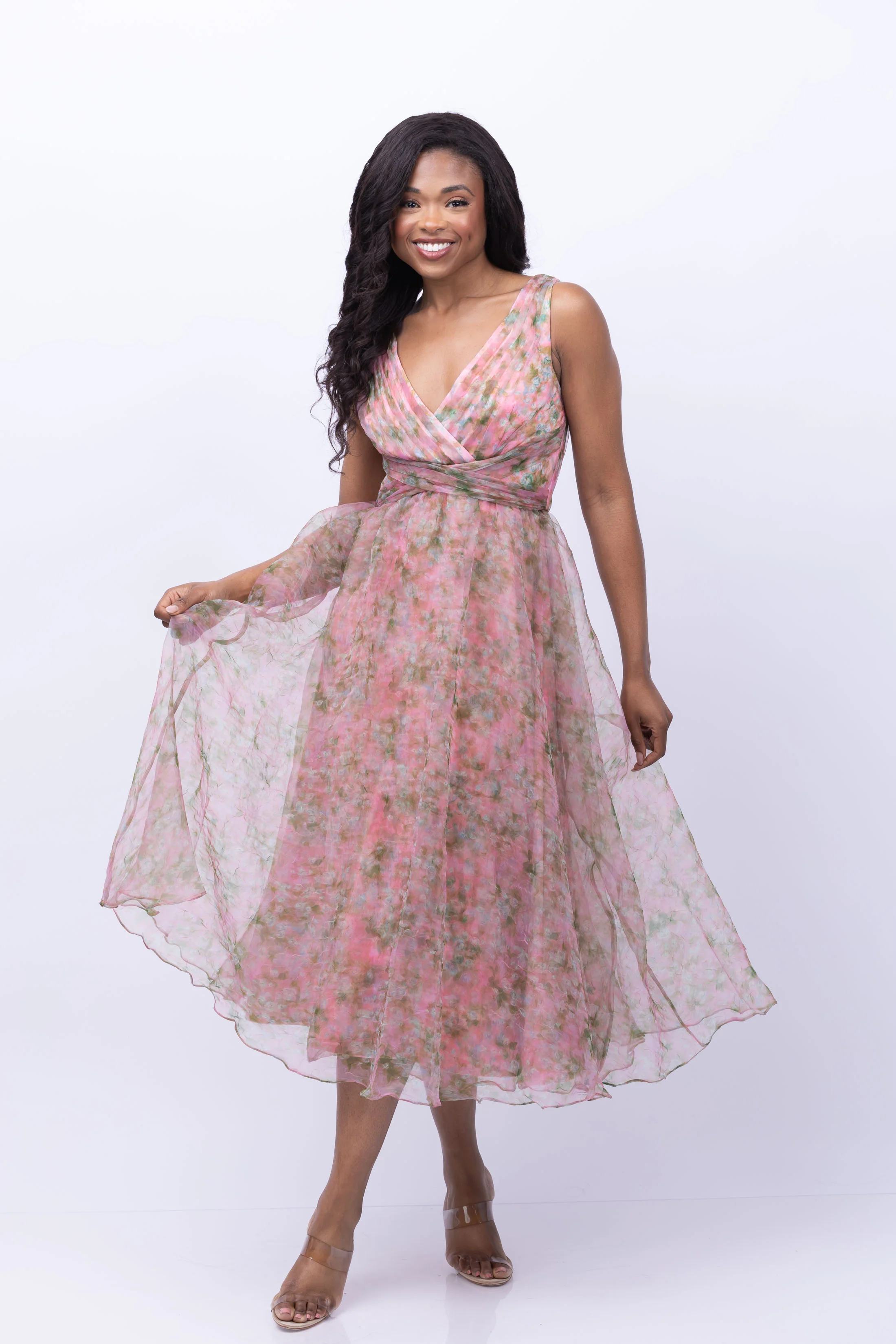 Trendy Theia Conner V-Neck Tea Length Dress in Parisian Proven