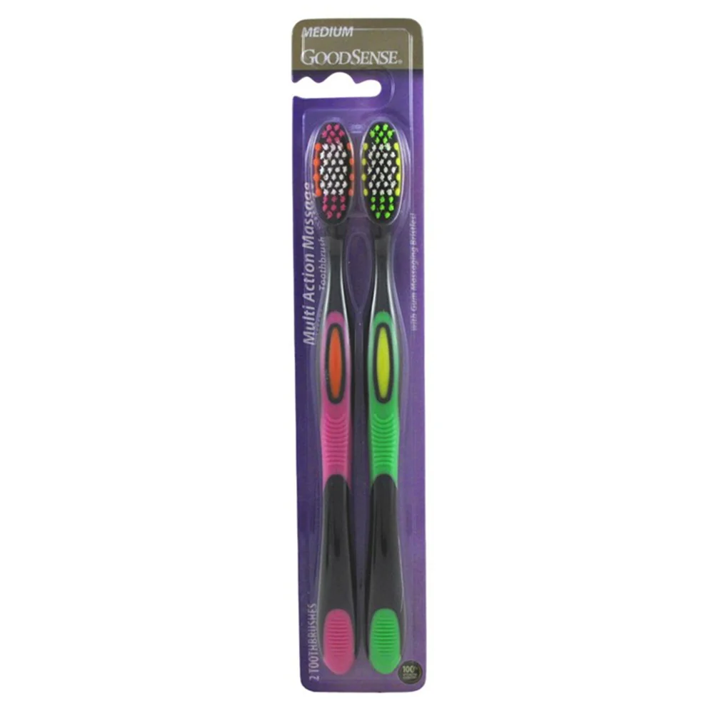 Reusable Goodsense Toothbrush Multi Action Rubber Massaging Bristles Stimulate Gums Soft Medium Size 2Ea Environmentally Friendly
