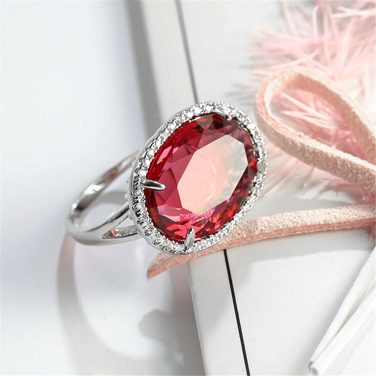 Solid Rose Crystal Cubic Zirconia Oval Halo Adjustable Ring Expertly Made