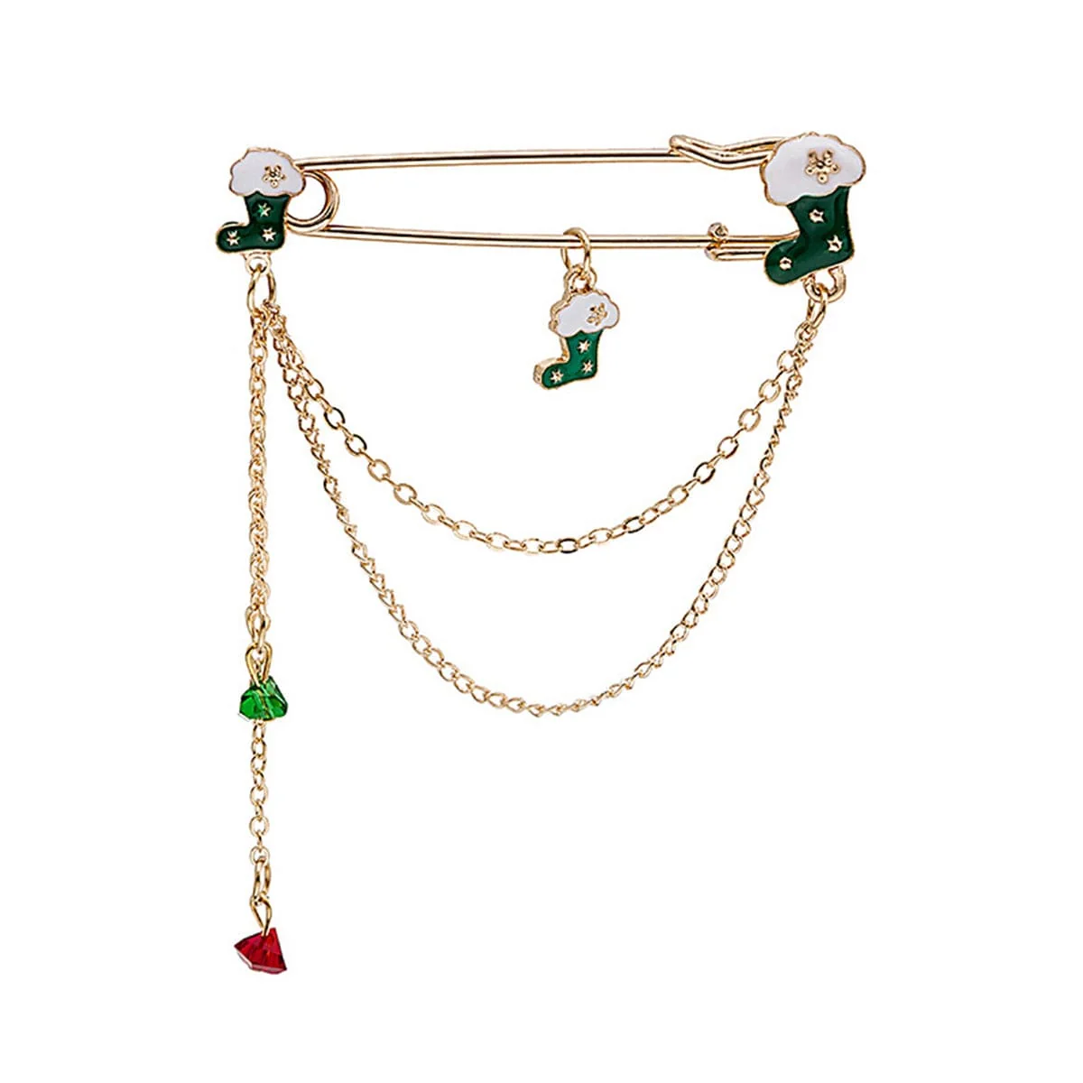 Trusted Green Enamel Acrylic Goldtone Stocking Pin Chain Brooch Smooth