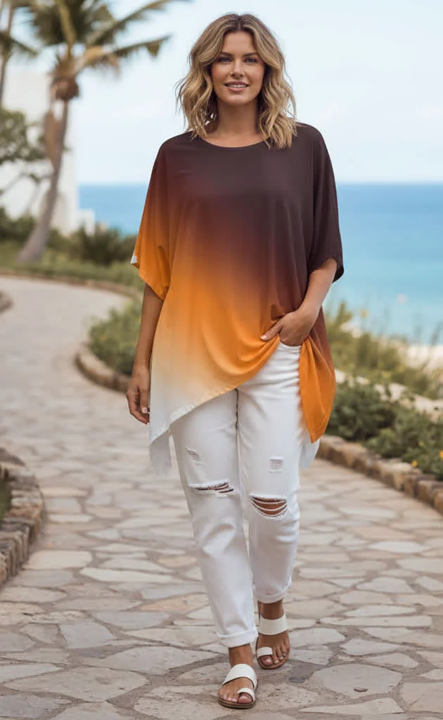 Efficient Lily by Firmiana Women s Round Neck Short Sleeve Fishtail Tunic Women s Apparel Brown Orange Ombre Print Next-Generation