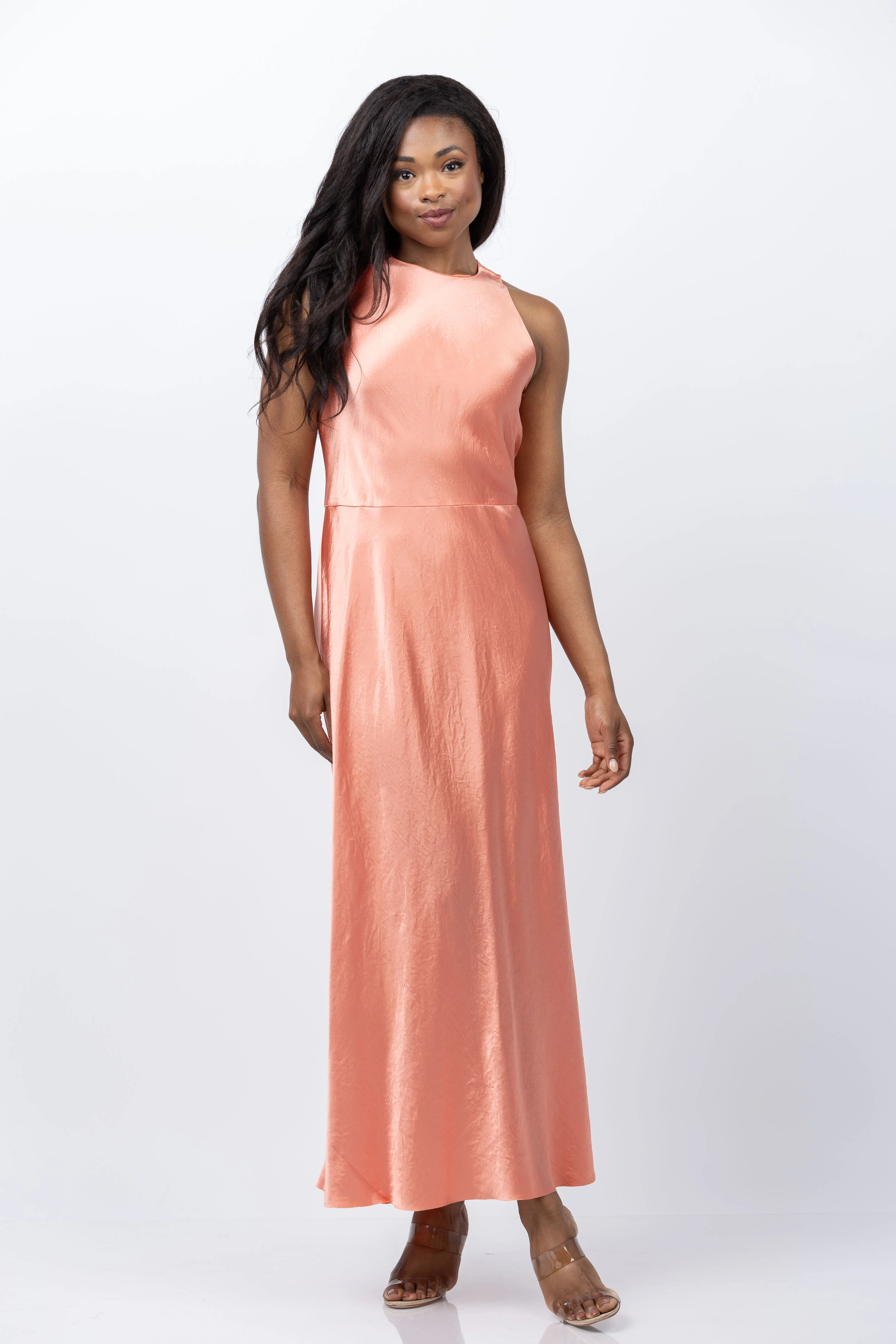 World-Class Vince Satin High-Neck Halter Dress in Coral Official