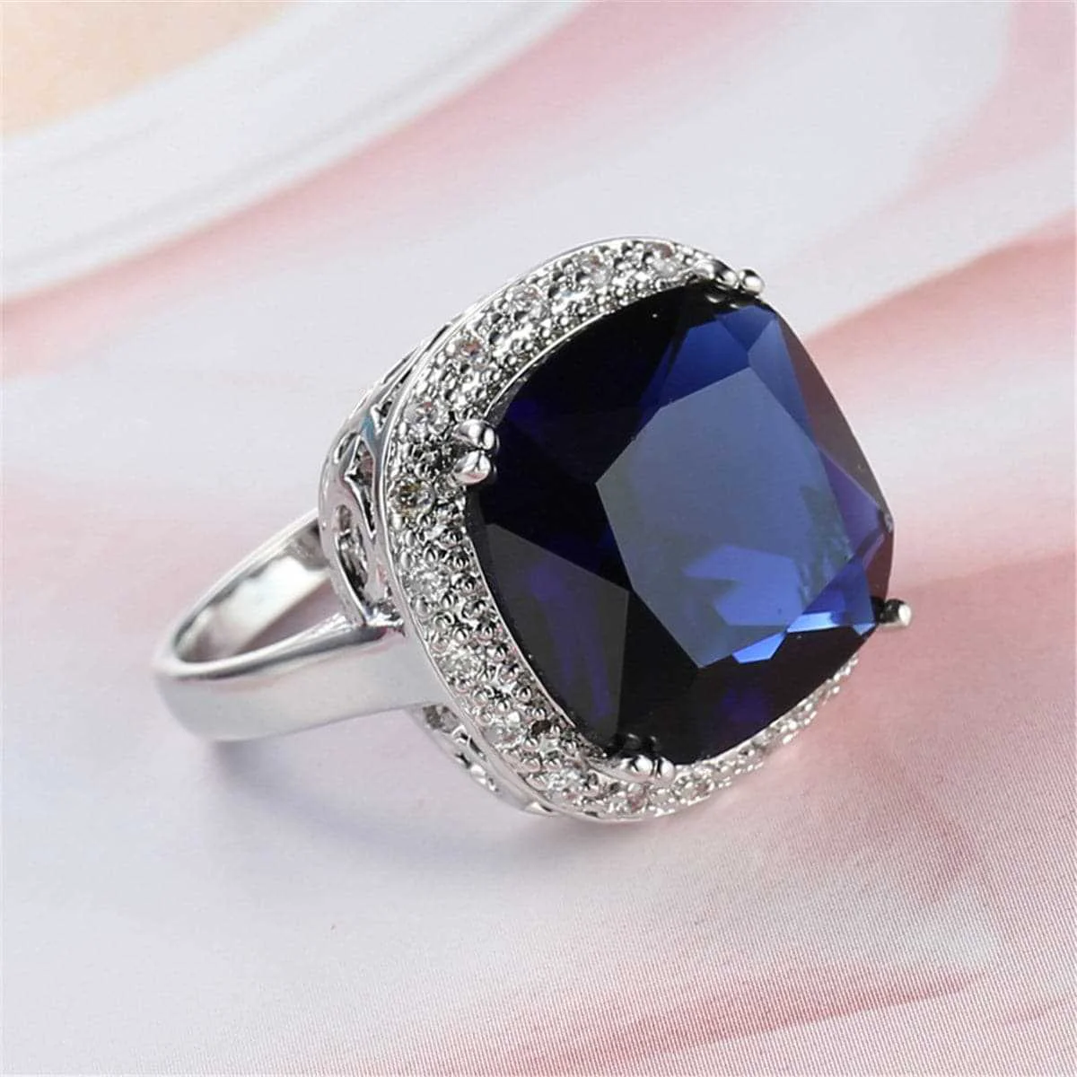 Authentic Navy Crystal Cubic Zirconia Silvertone Halo Cushion-Cut Ring Proven