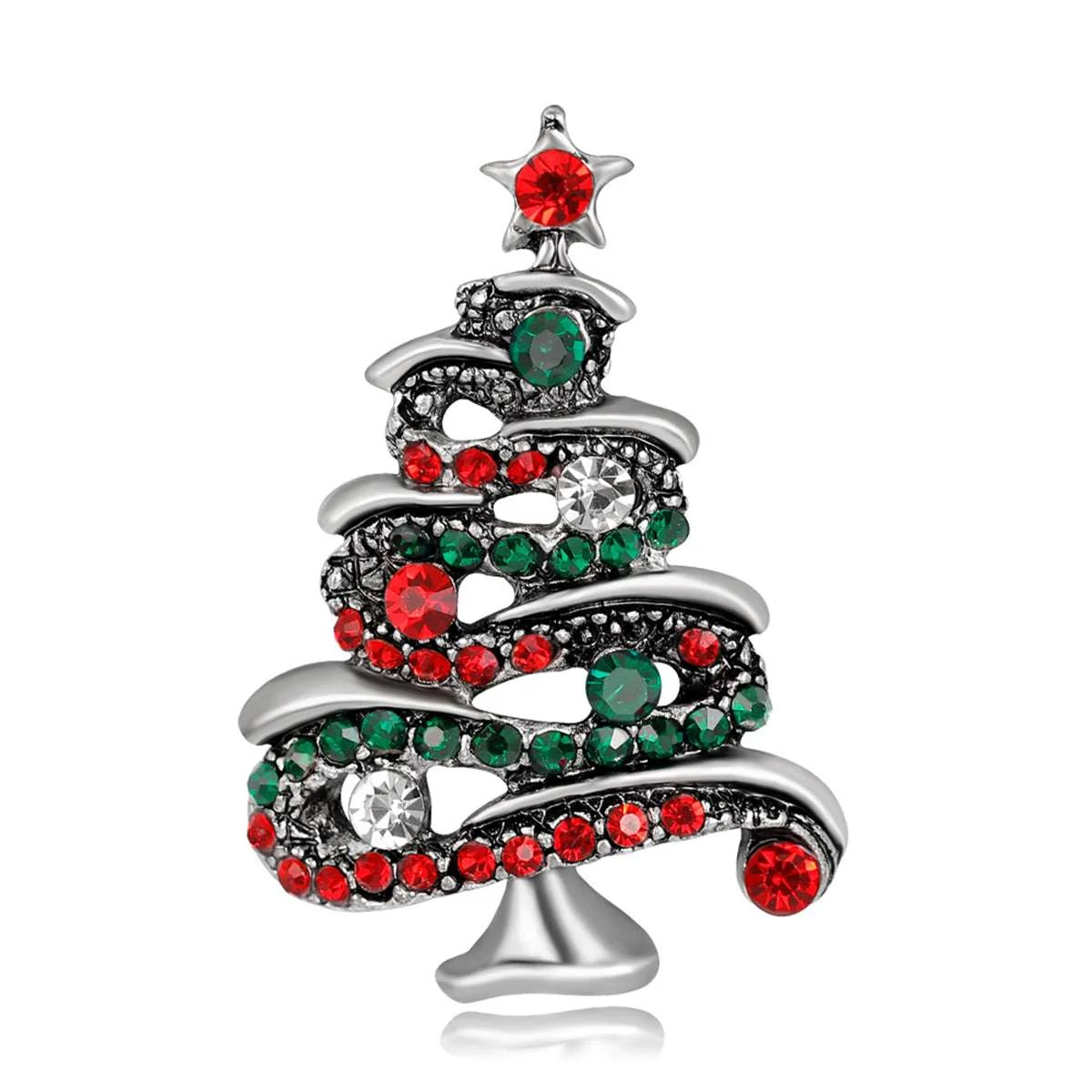 Organic Red Cubic Zirconia Silvertone Christmas Tree Brooch First-Class