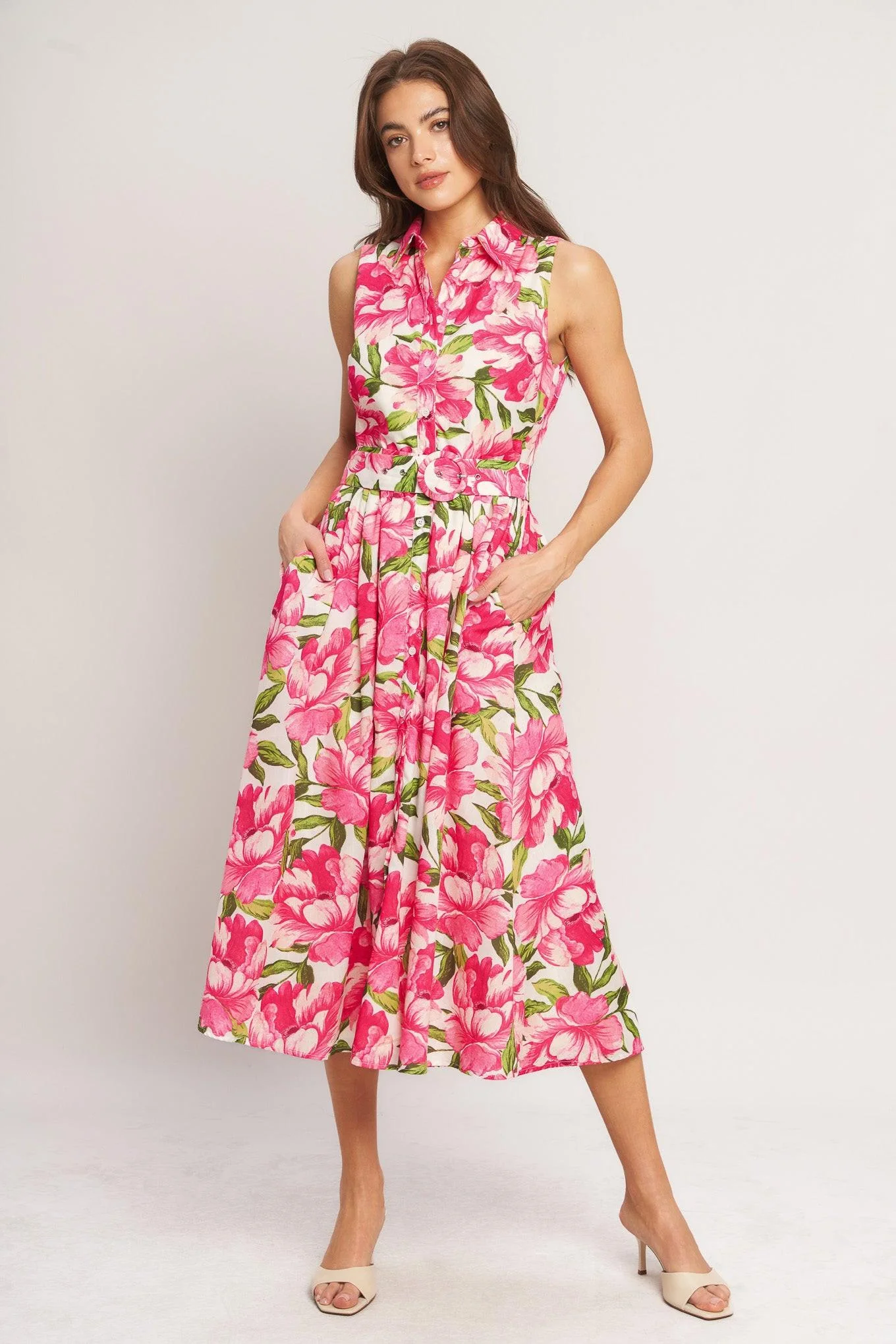 Stylish Pink Paradise Woven Midi Dress Comfortable