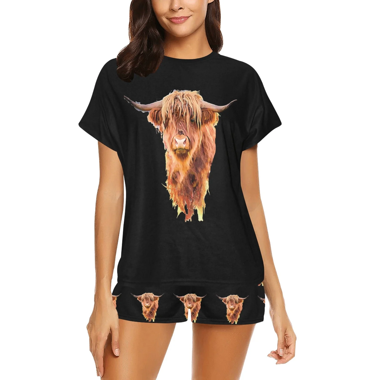 Stylish Highland Cow Women's Western Top and Short Pajama Set Modern